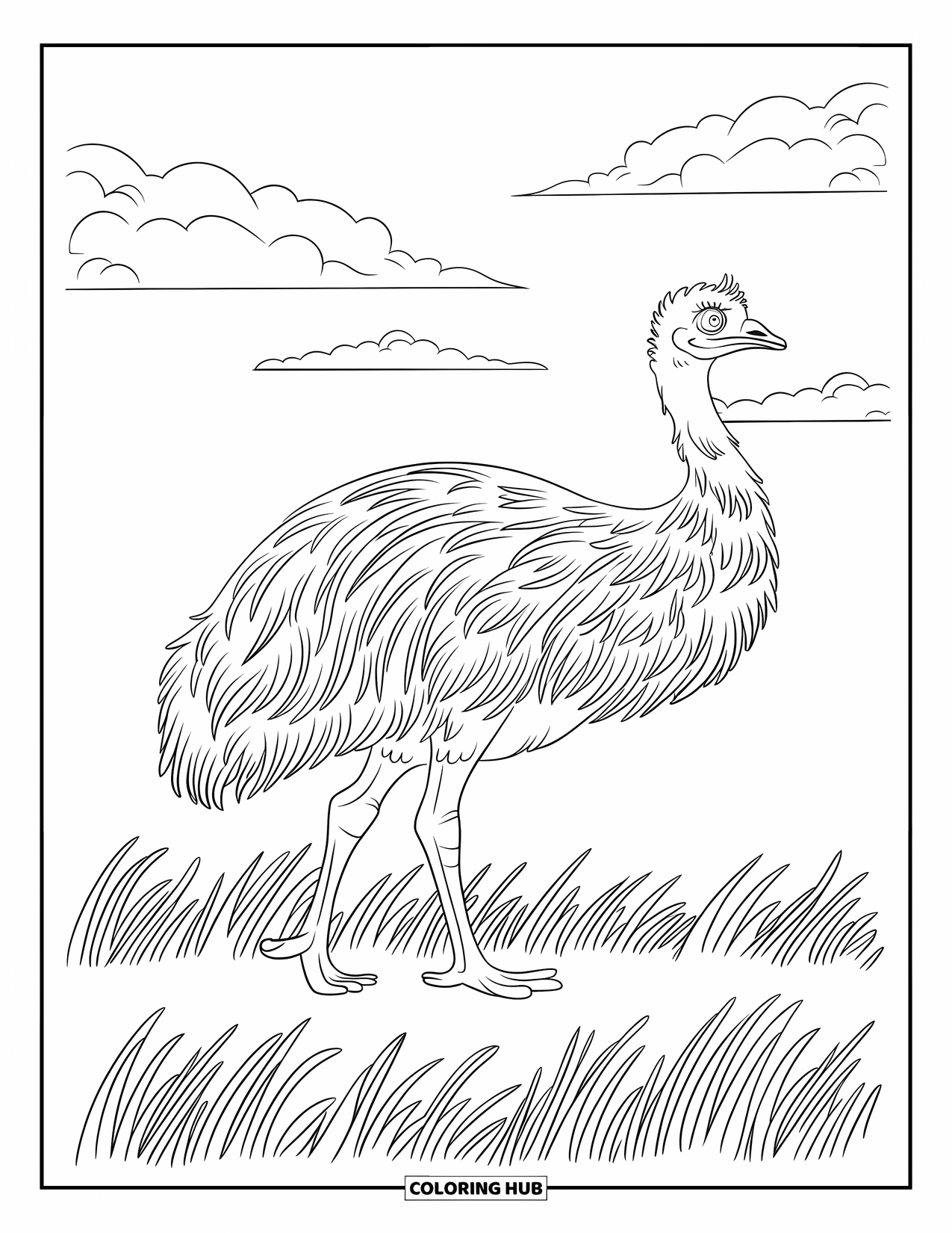 Letter E Coloring Page for Kids: An emu stands tall in a breezy field with grass swaying beneath a cloudy sky