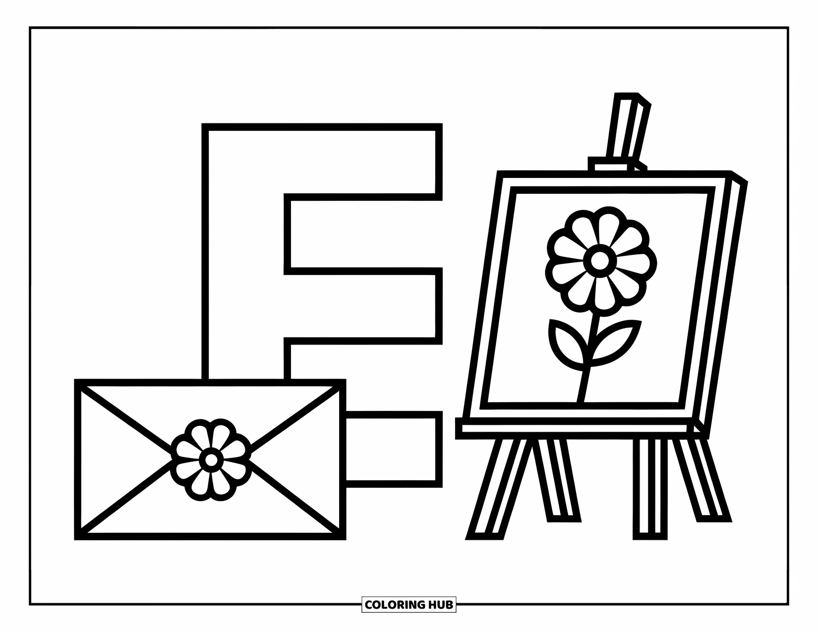 Letter E Coloring Page for Kids: Big E and little e pose with an easel and a flower-sealed envelope
