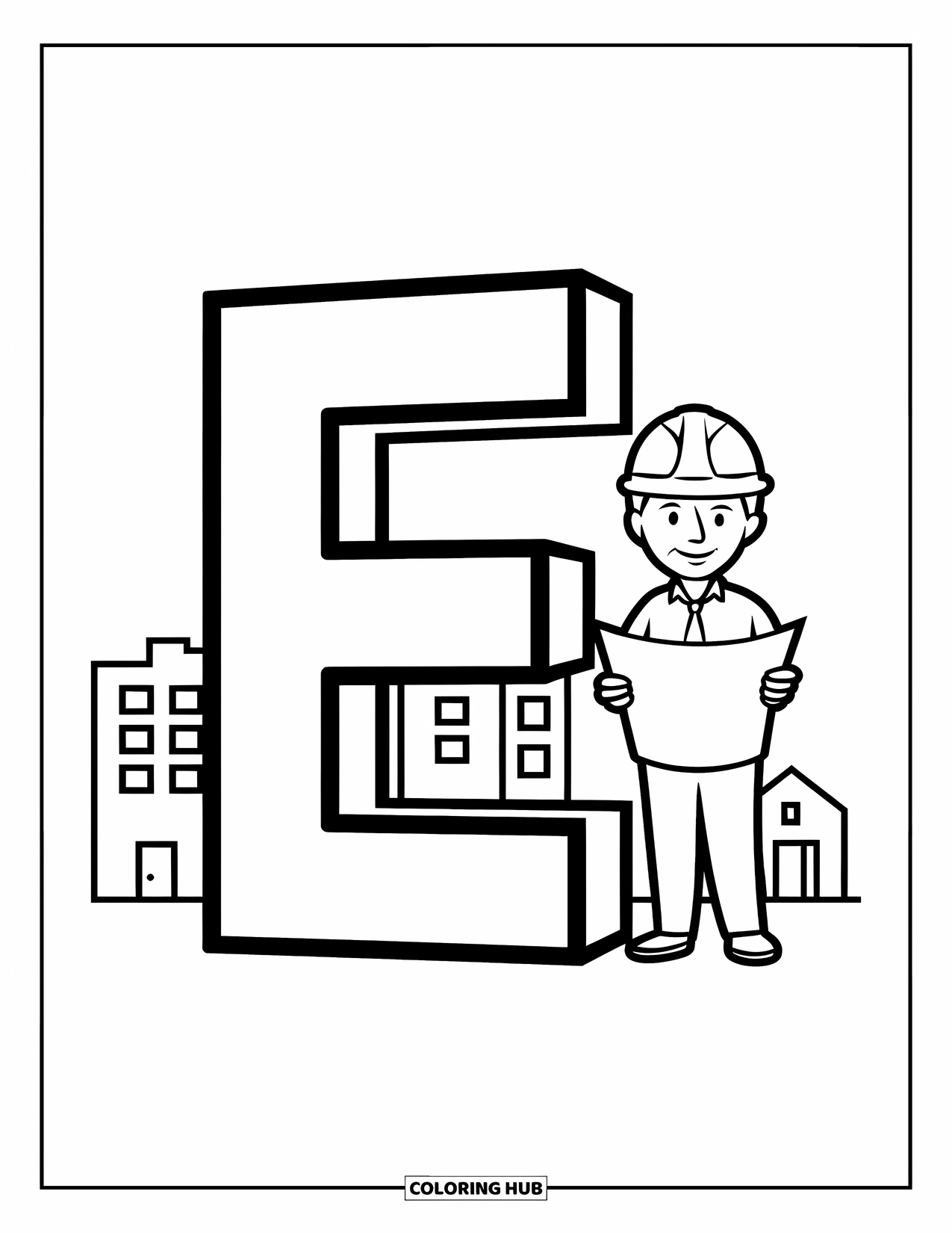 Letter E Coloring Page for Kids: Big E poses next to an engineer and simple background buildings