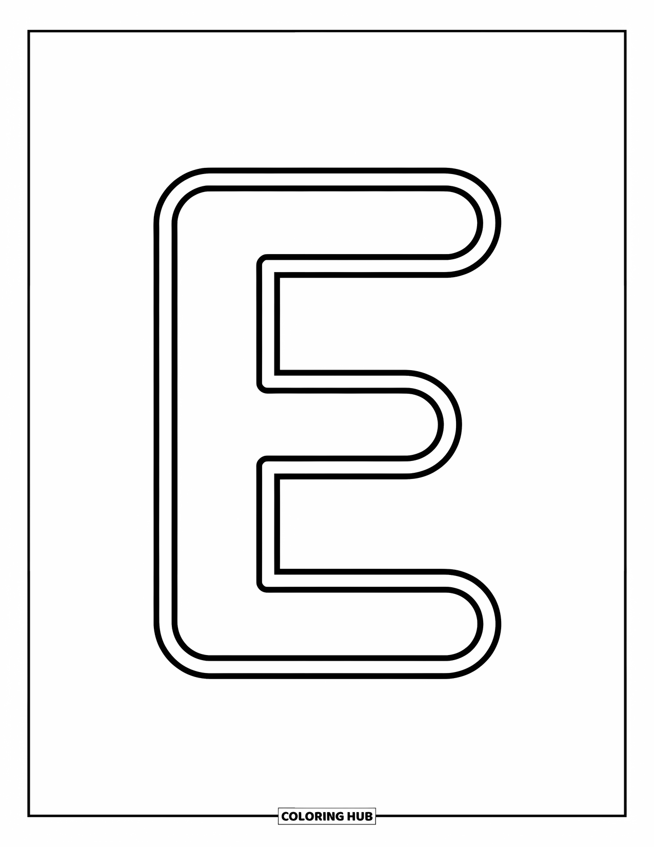 Letter E Coloring Page for Kids: Big E stands proudly in the center, perfect for little learners to color