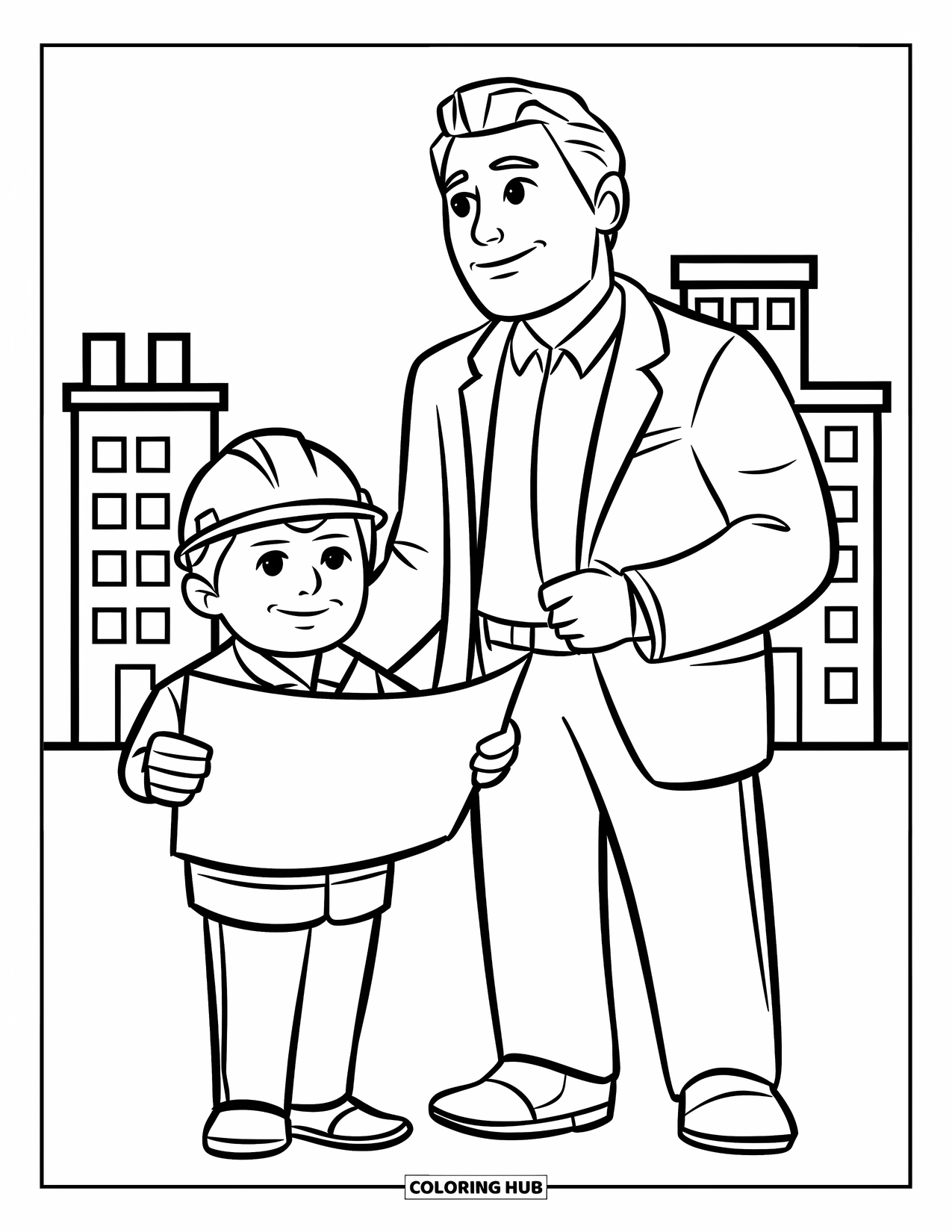 Letter E Coloring Page for Kids: Big E stands proudly with an engineer holding blueprints near simple buildings