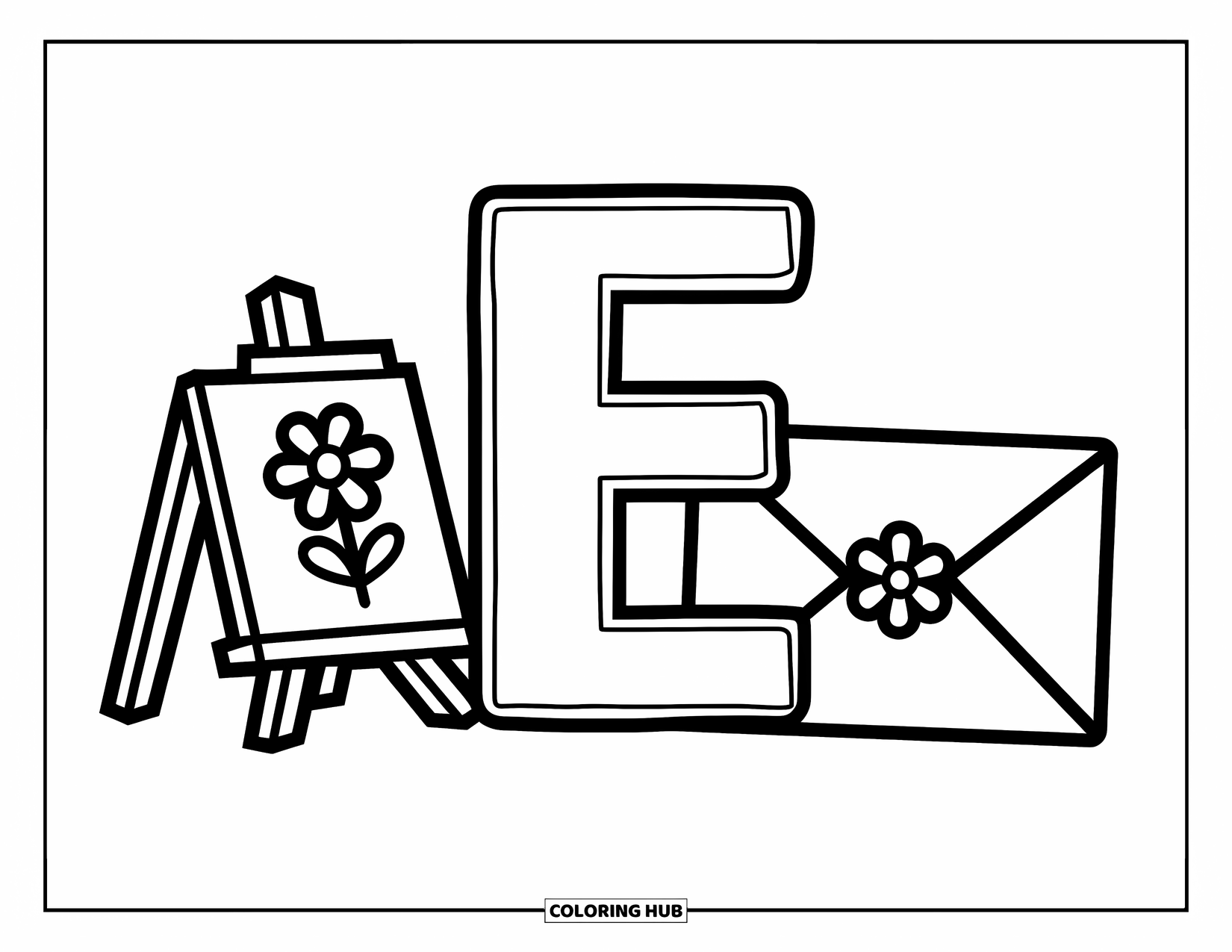 Letter E Coloring Page for Kids: E and e stand near an easel and envelope with fun flower touches