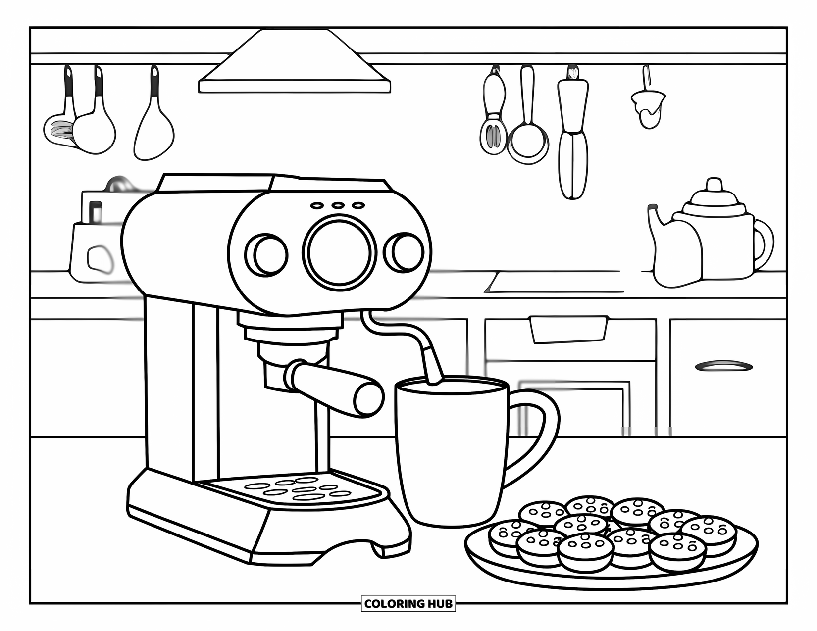 Letter E Coloring Page for Kids: Letter E in a kitchen with coffee, cookies, and a cozy mug