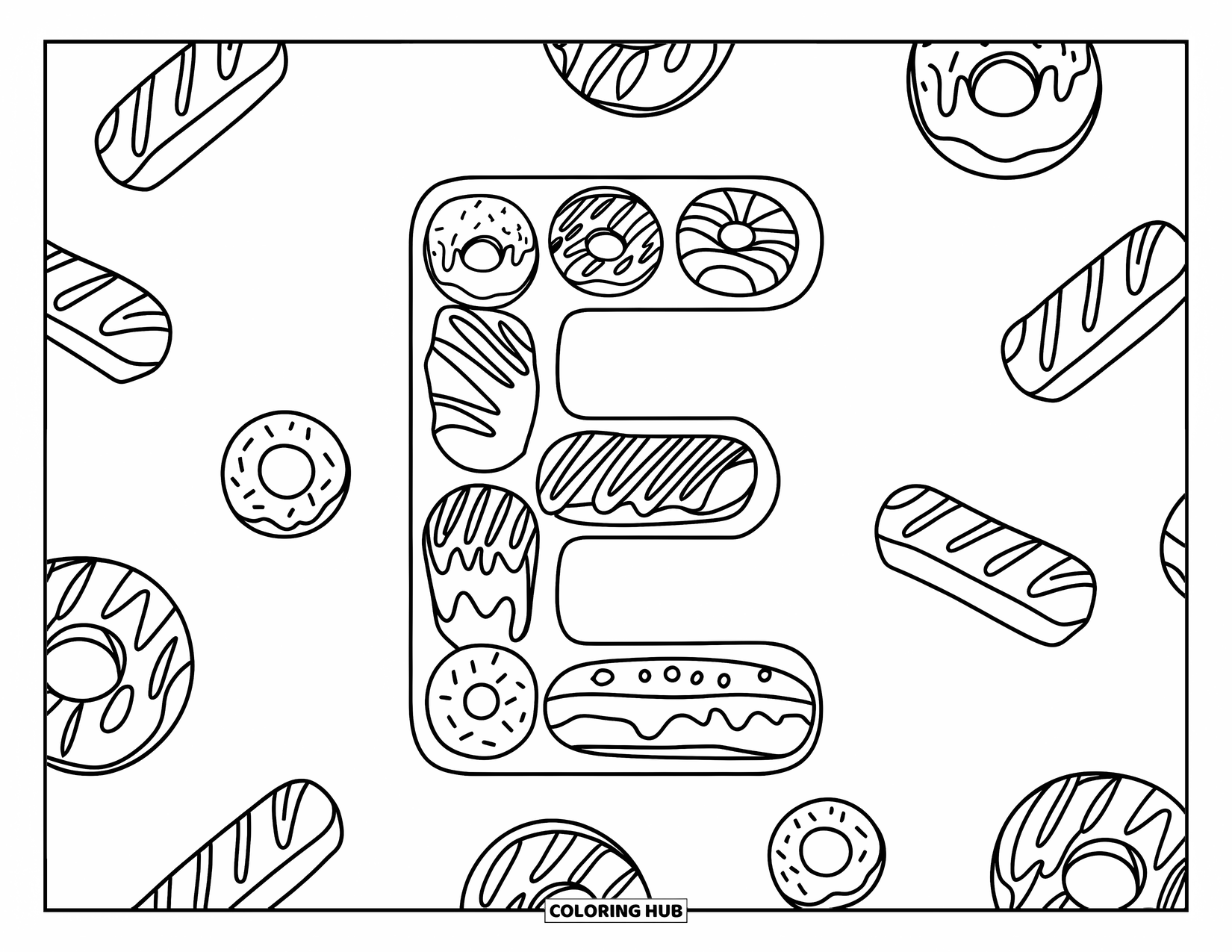 Letter E Coloring Page for Kids: The letter E is shaped from donuts and eclairs, surrounded by yummy sweets