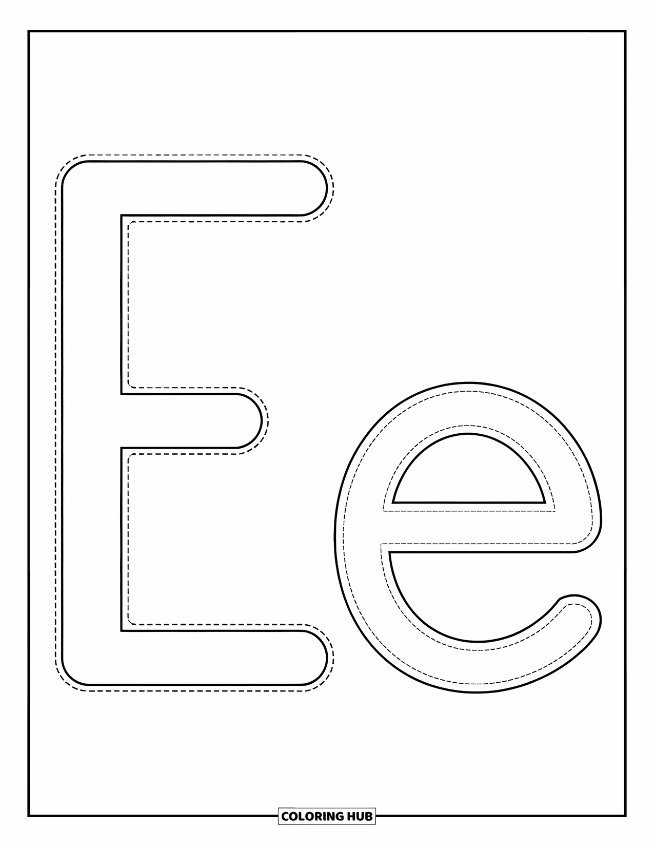 Letter E Coloring Page for Kids: Uppercase E and lowercase e in dotted style help kids learn to trace