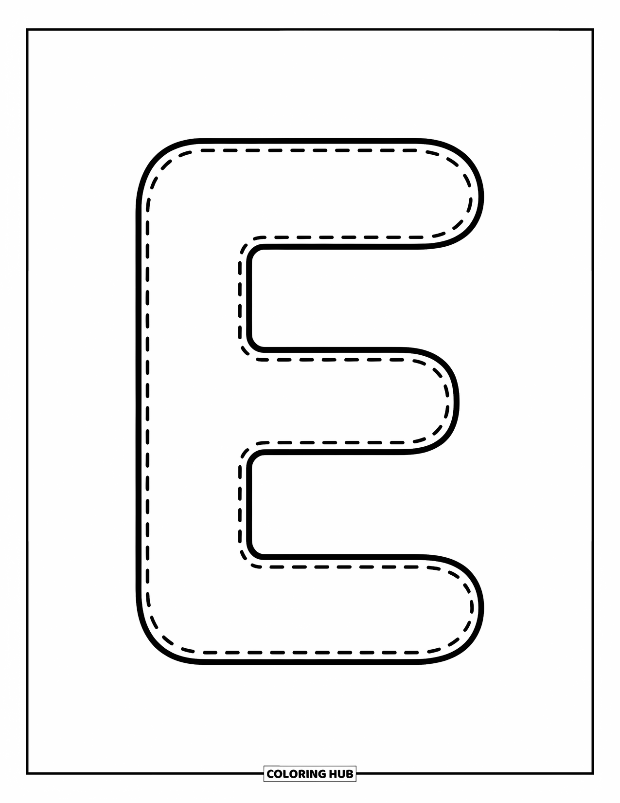 Letter E Coloring Page for Kids: Uppercase E in dotted lines makes learning to trace easy and fun