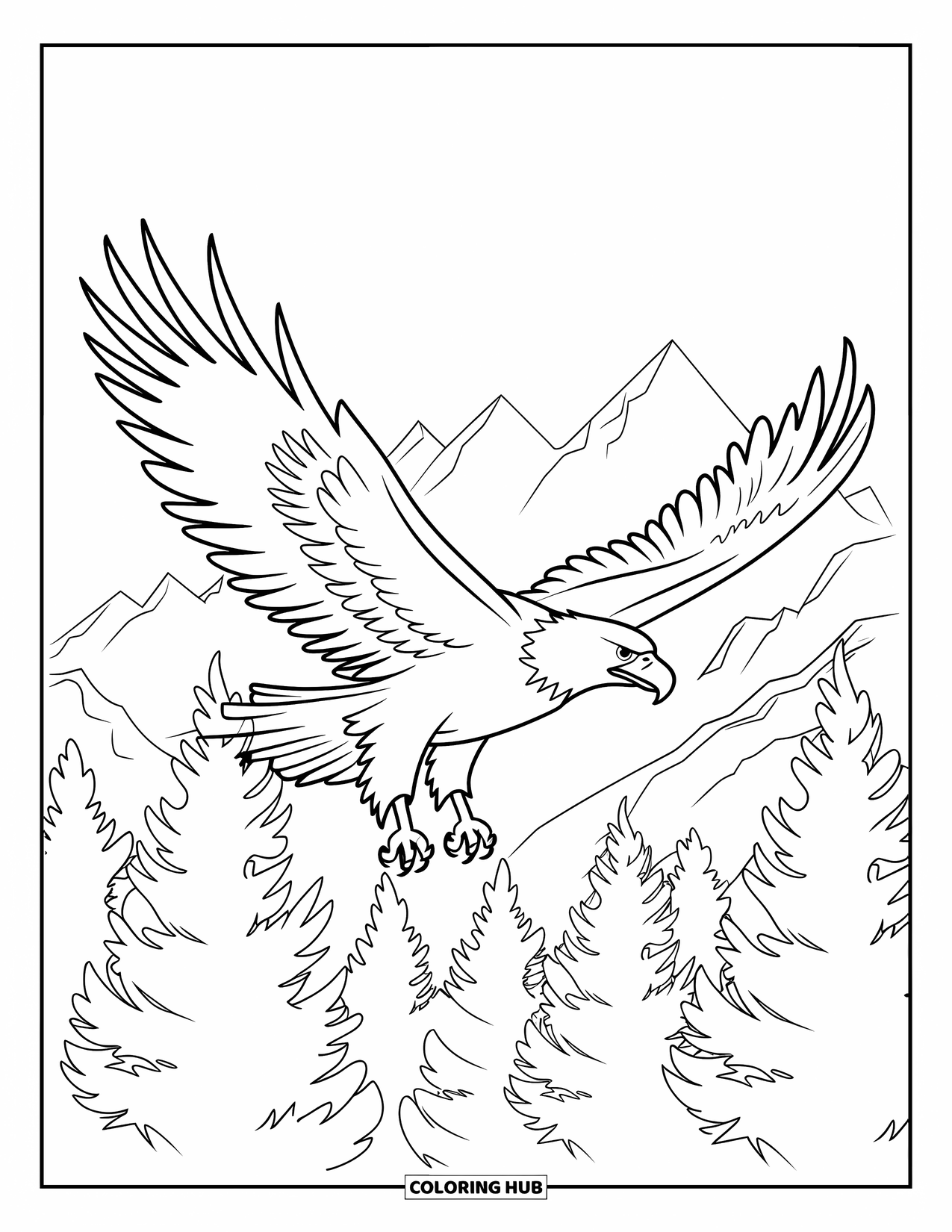 Letter E Coloring Page for Kids: Wings wide, an eagle glides over pine trees and far-off mountains