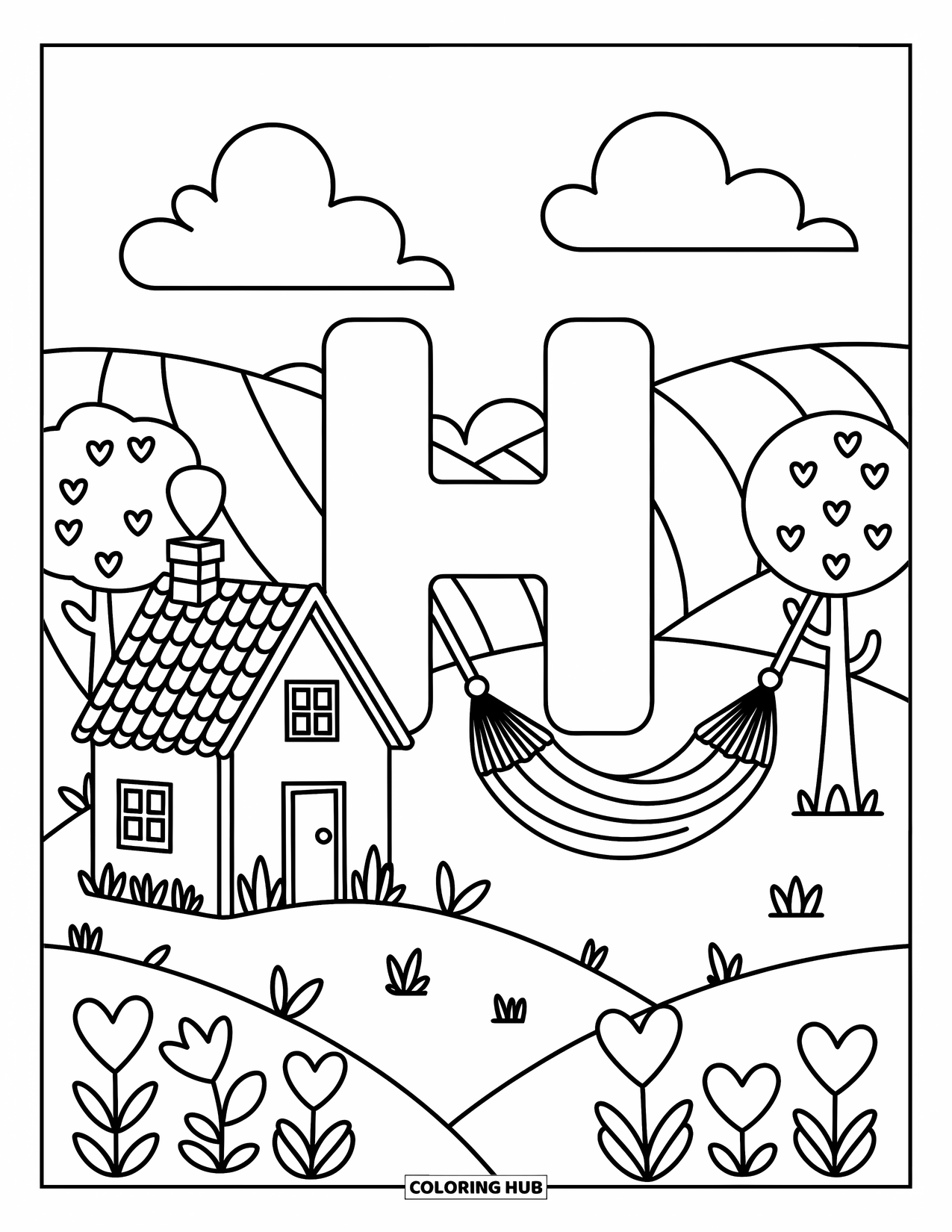 Letter H Coloring Page for Adults: A big H stands near a hammock and small house in a heart-flower-filled countryside