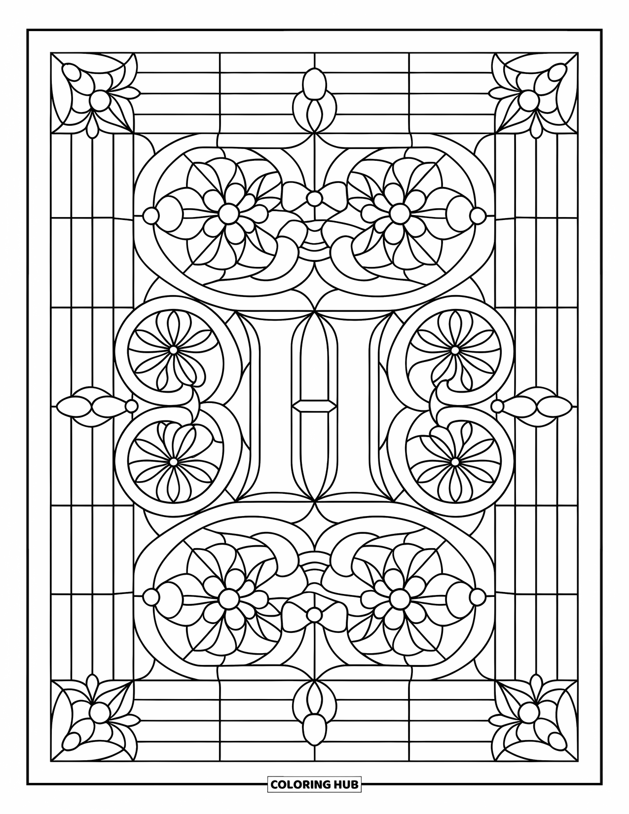 Letter H Coloring Page for Adults: A bold H glows in a floral stained glass design with curved frames