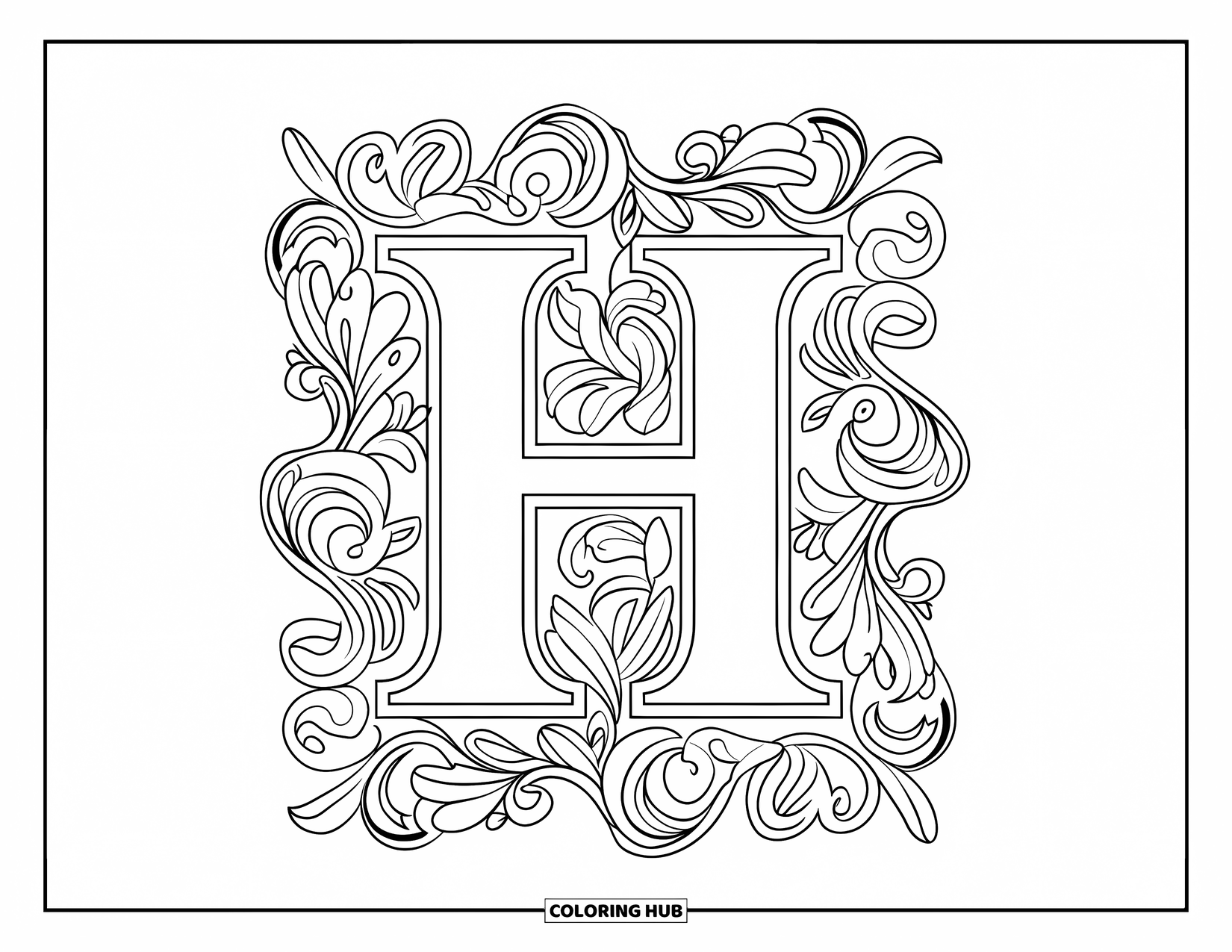Letter H Coloring Page for Adults: A bold H rests in a fancy lace border full of curling leaves and vines