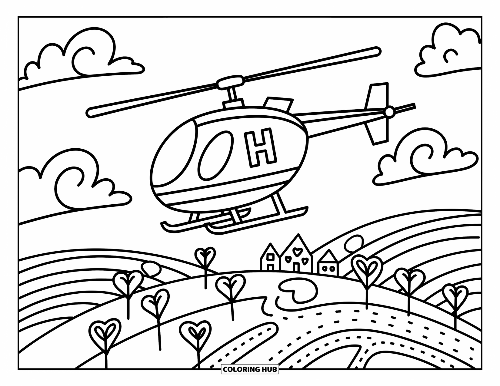 Letter H Coloring Page for Adults: A charming H helicopter flies above a cozy town with swirly clouds and heart trees