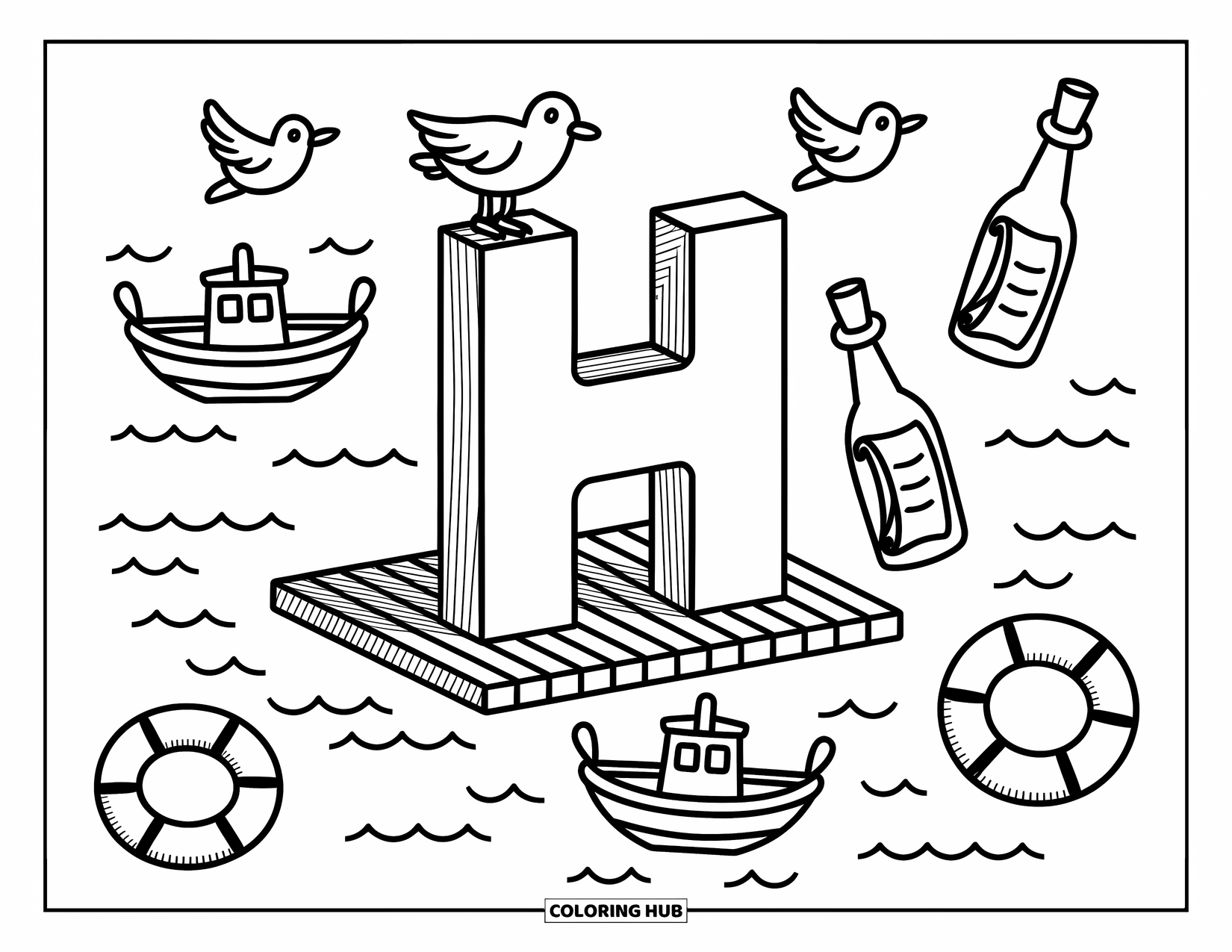 Letter H Coloring Page for Adults: A cozy dock post shaped like H with little boats, lifebuoys, and floating message bottles