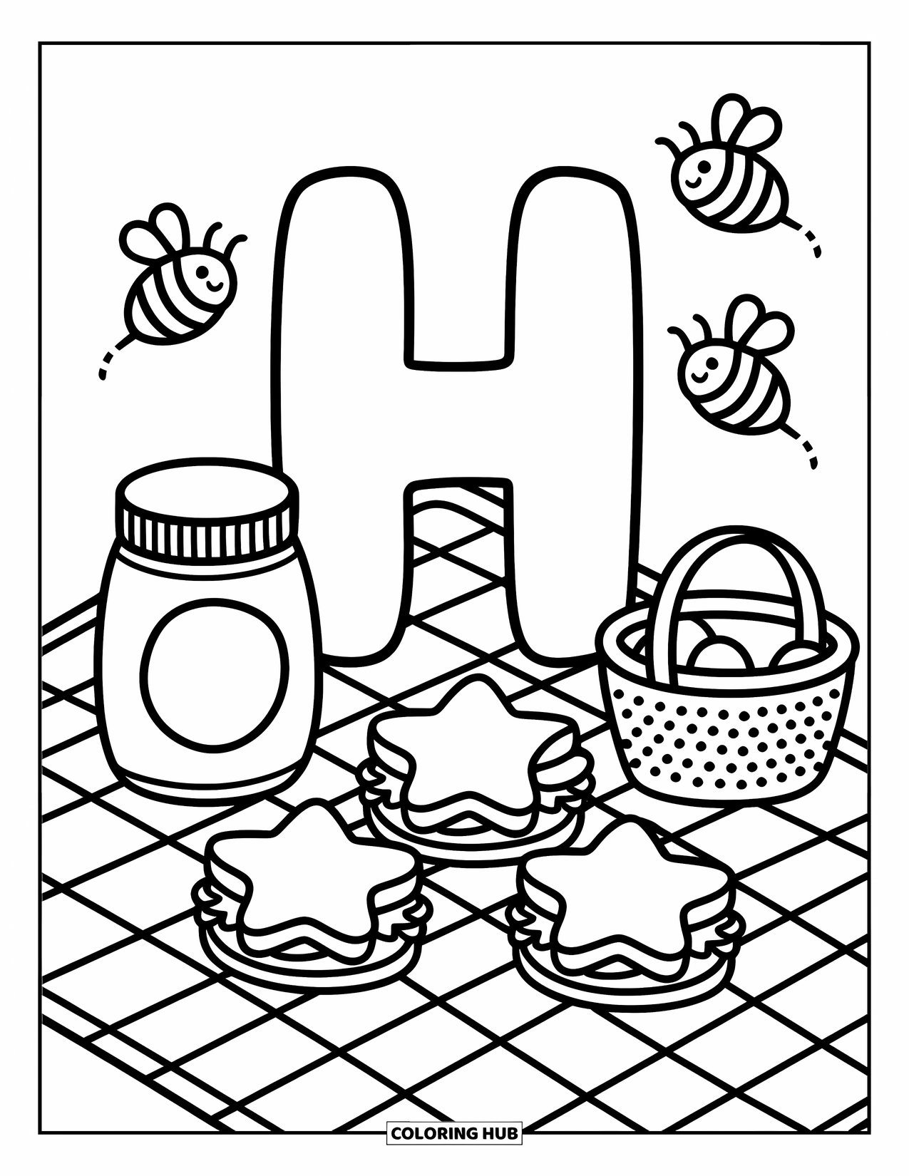 Letter H Coloring Page for Adults: A cozy H picnic with star sandwiches, honey jars, and playful buzzing bees