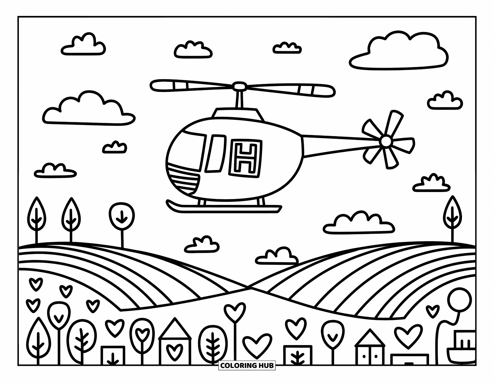 Letter H Coloring Page for Adults: A flying H-labeled helicopter soars above a tiny town filled with heart trees and clouds
