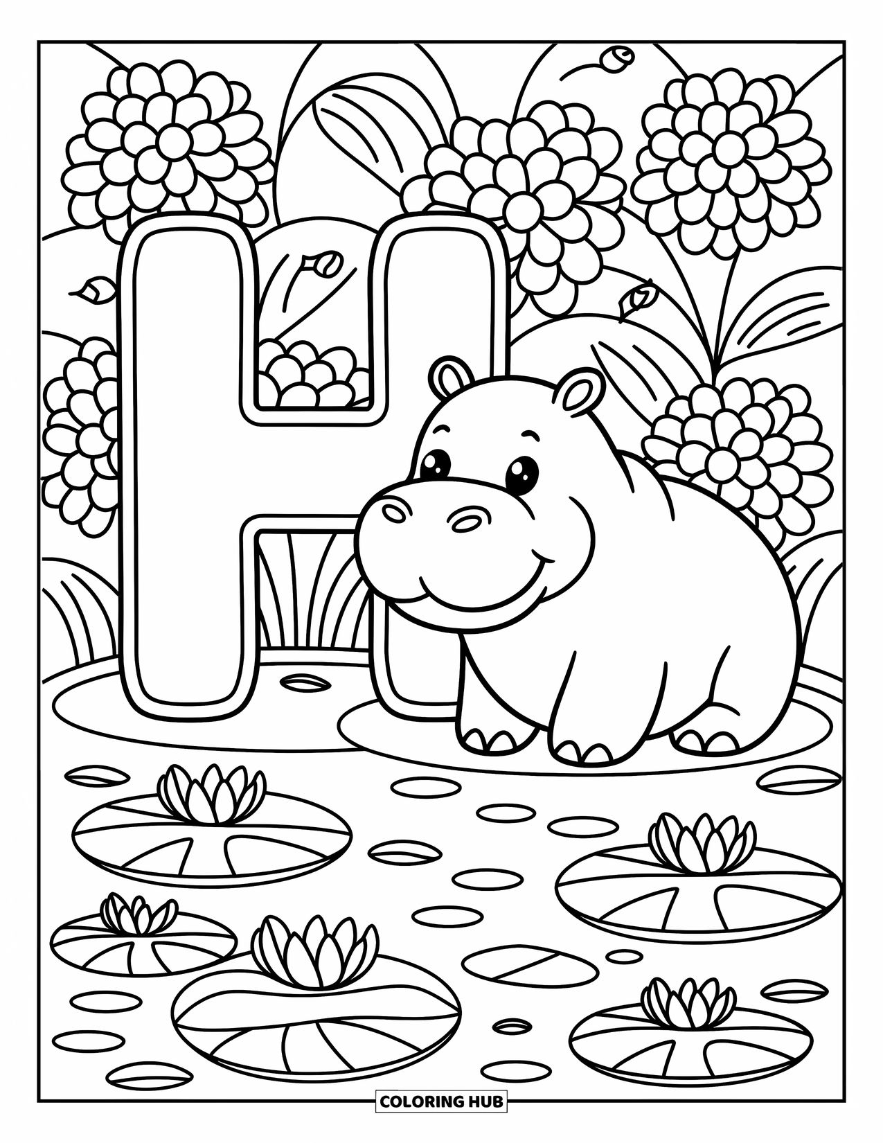 Letter H Coloring Page for Adults: A gentle hippo rests beside a giant H in a peaceful pond with lilies and fish