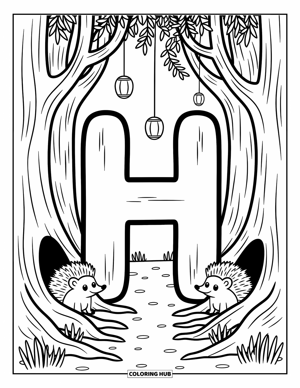 Letter H Coloring Page for Adults: A playful H stands at the forest entrance with hedgehogs, lanterns, and cozy tree trunks