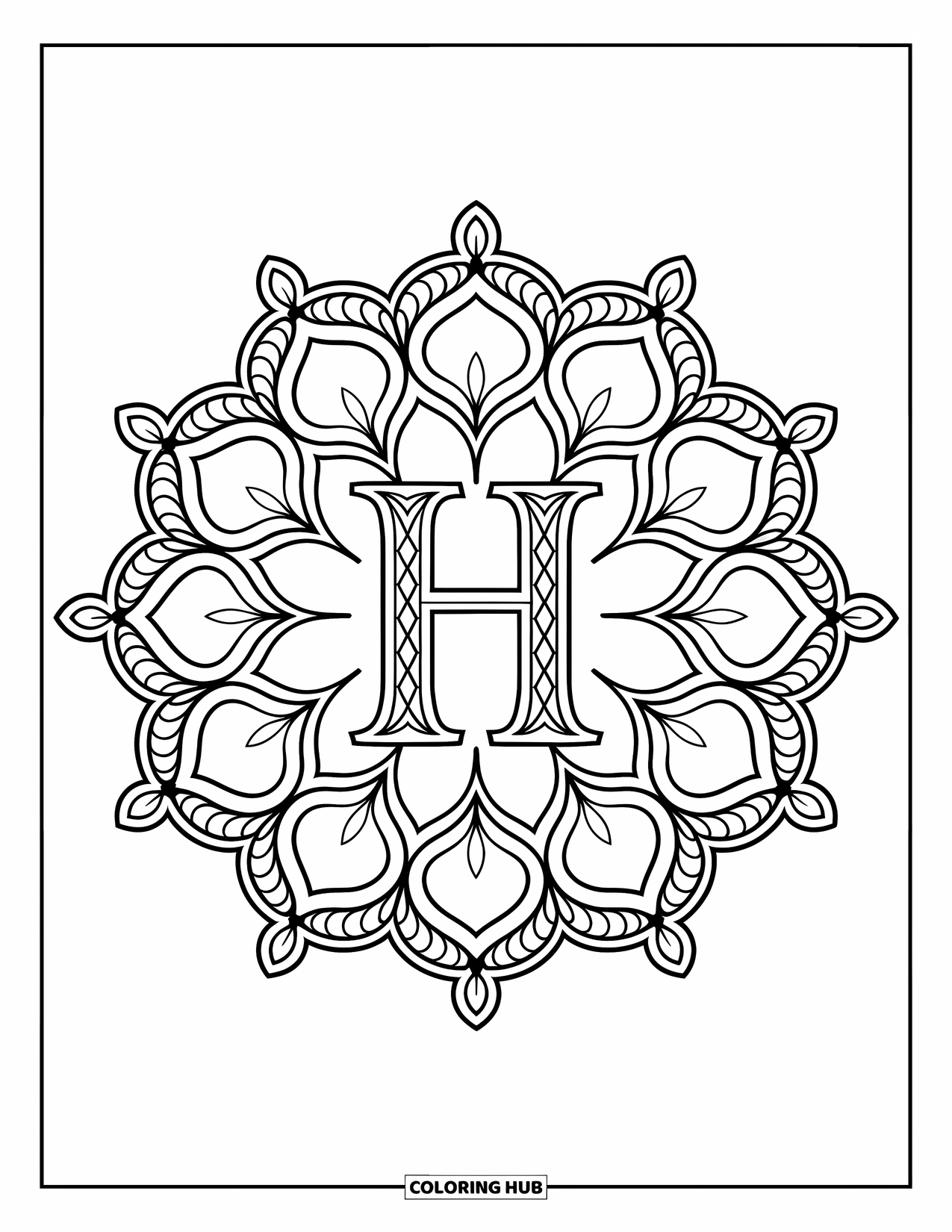 Letter H Coloring Page for Adults: A swirling floral mandala wraps around a fancy uppercase H