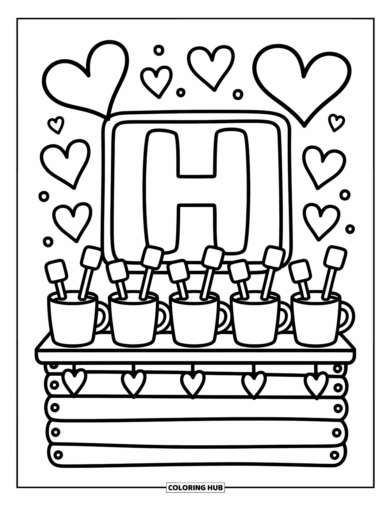 Letter H Coloring Page for Adults: A whimsical hot cocoa stand with the letter H, heart steam, and marshmallow-topped mugs