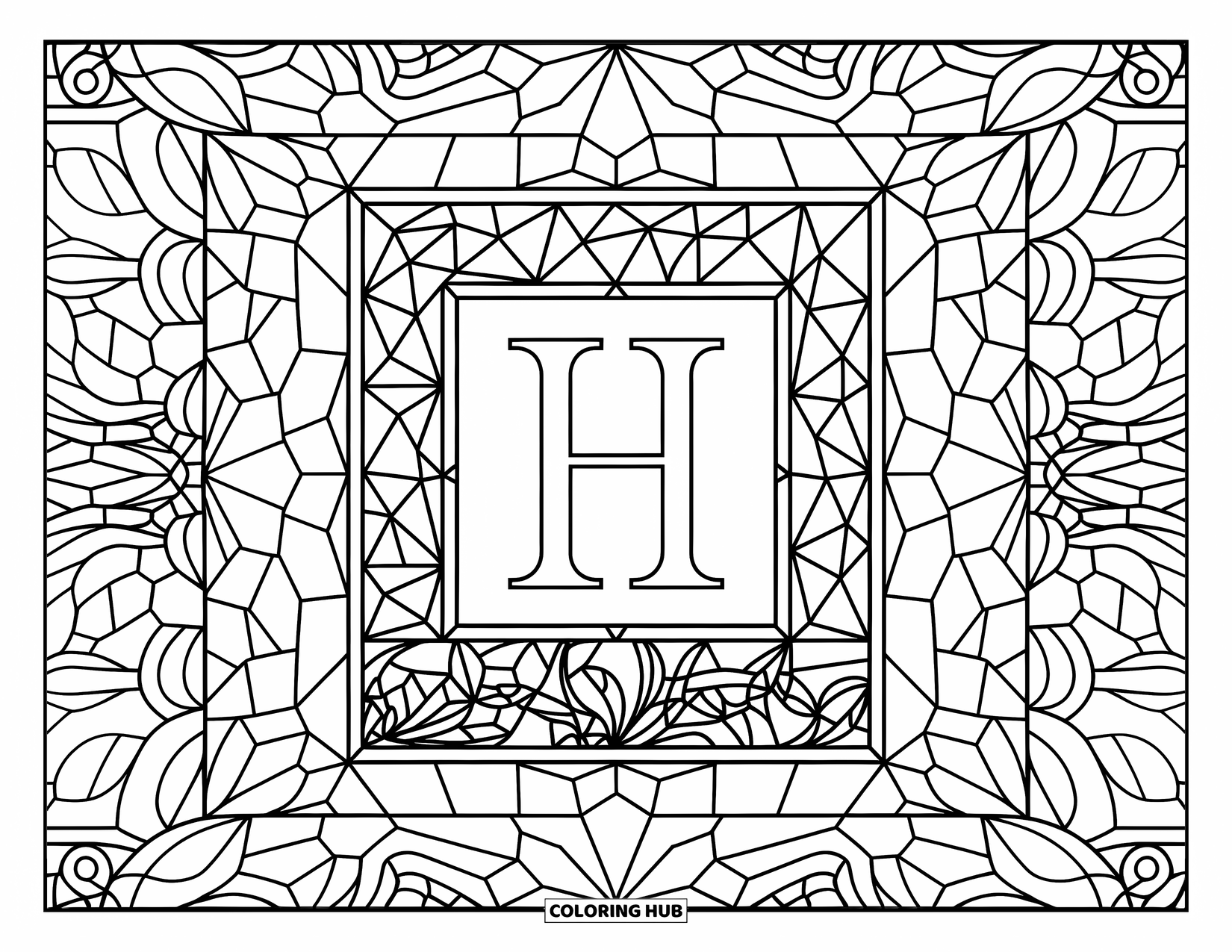 Letter H Coloring Page for Adults: An H rests in a stained glass frame with flowers, vines, and elegant shapes