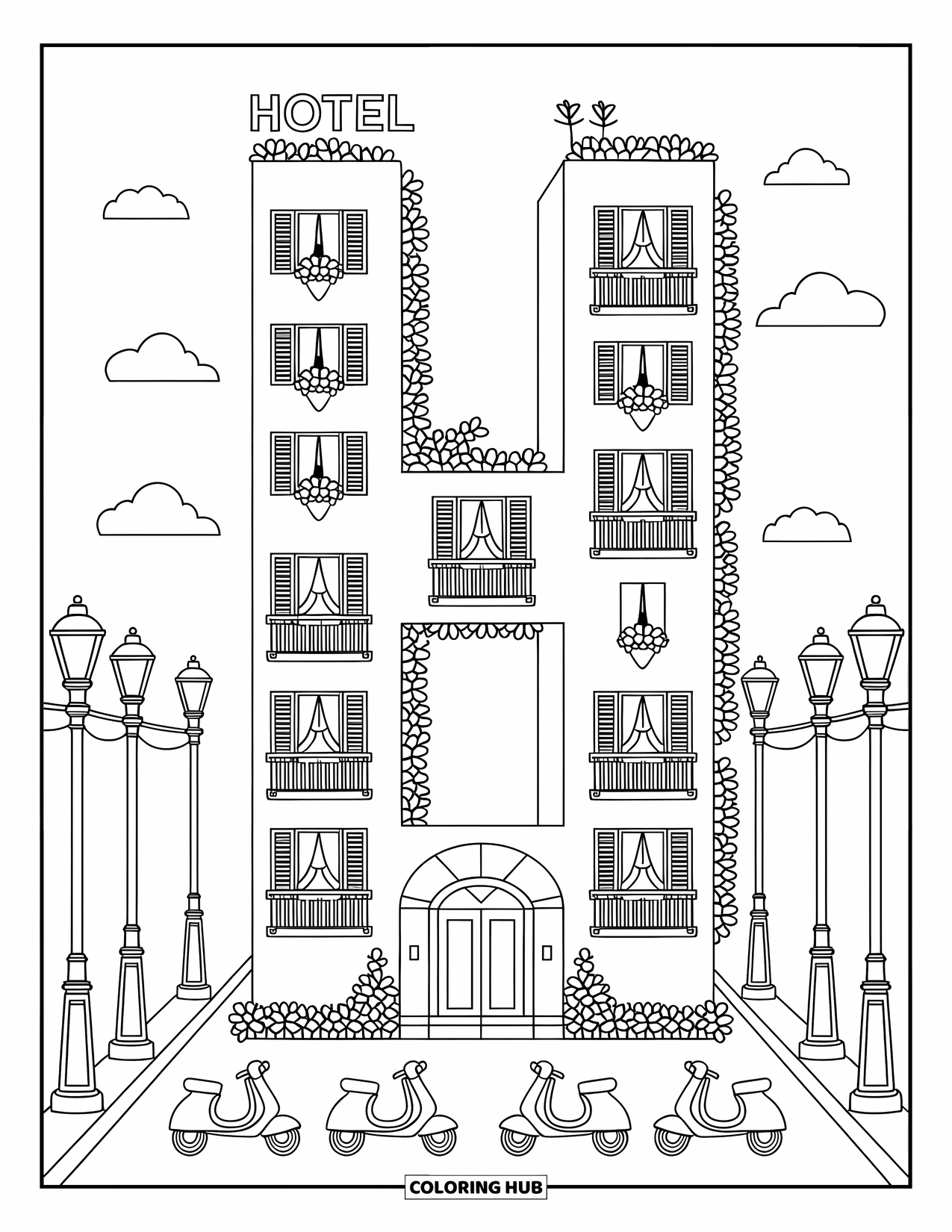 Letter H Coloring Page for Adults: An H-shaped hotel with balconies, plants, fluttering curtains, and parked scooters below
