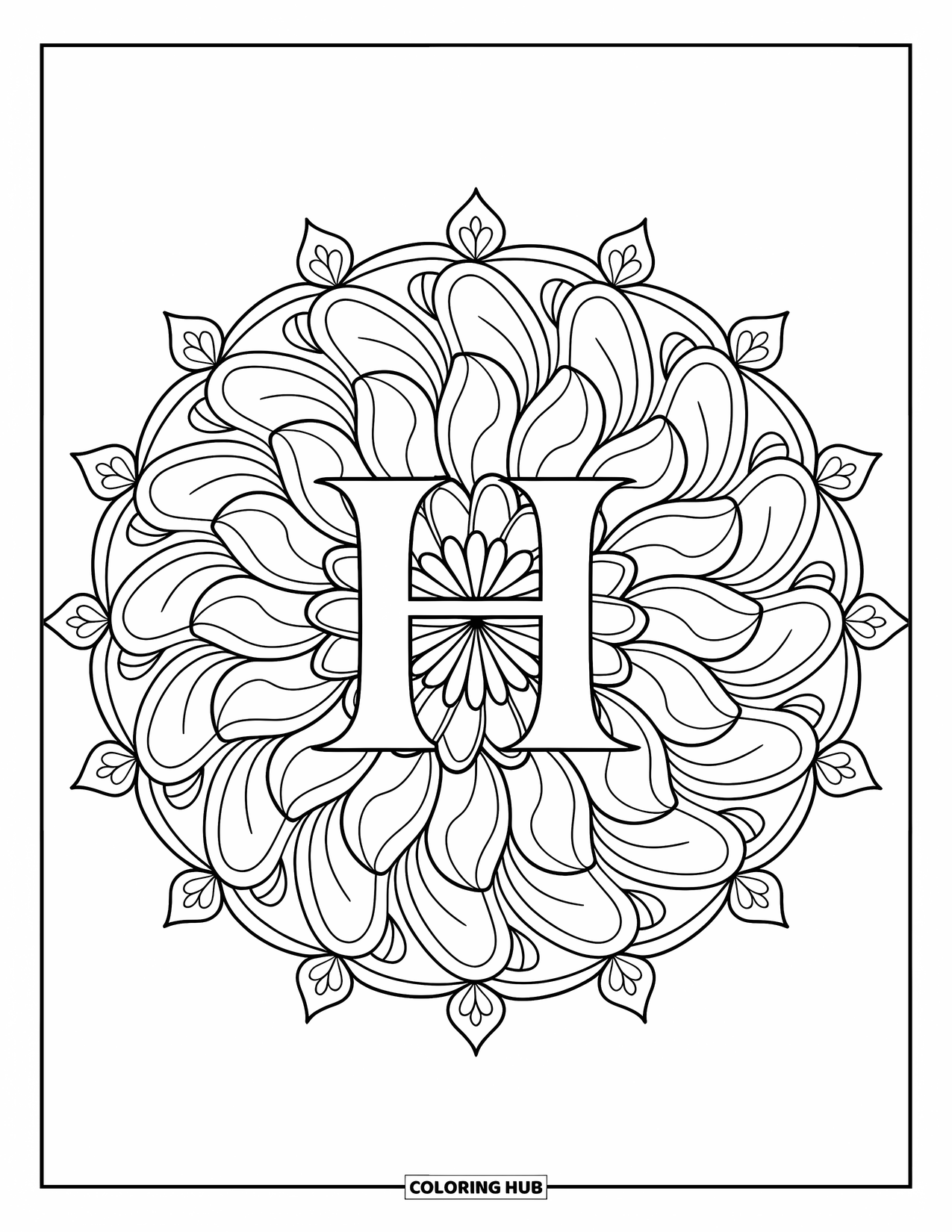 Letter H Coloring Page for Adults: An ornate H sits inside a round mandala of layered petals and leaves