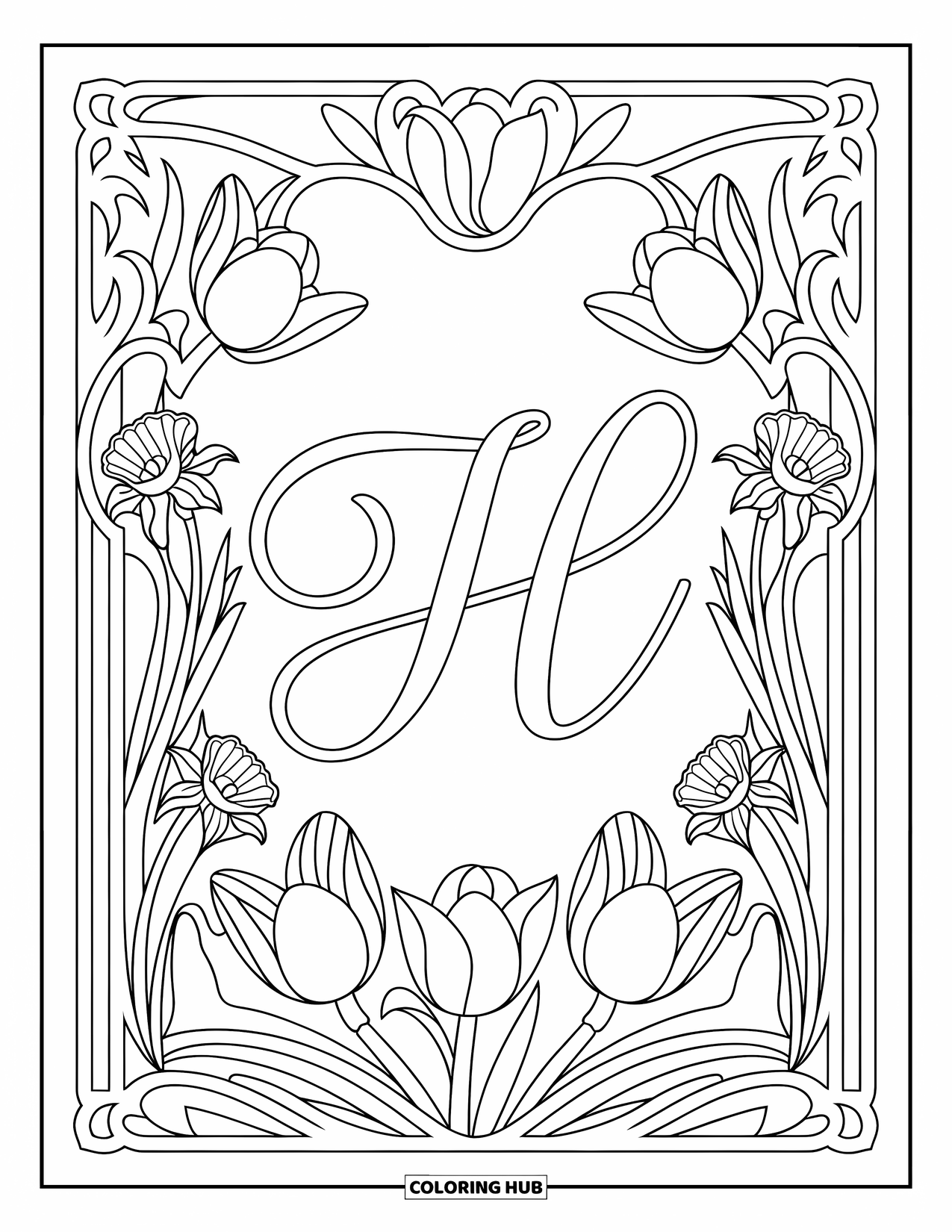 Letter H Coloring Page for Adults: Cursive H in a floral frame of tulips and soft swirling lines