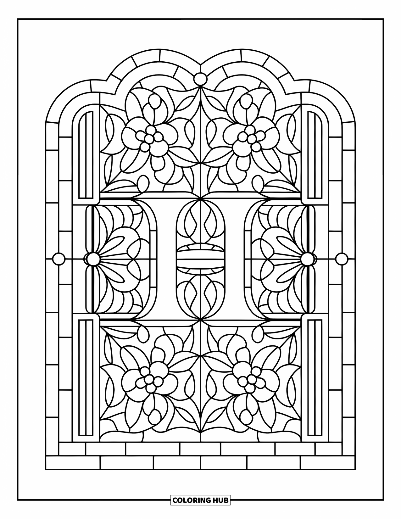 Letter H Coloring Page for Adults: Floral and curved stained glass shapes surround a centered uppercase H