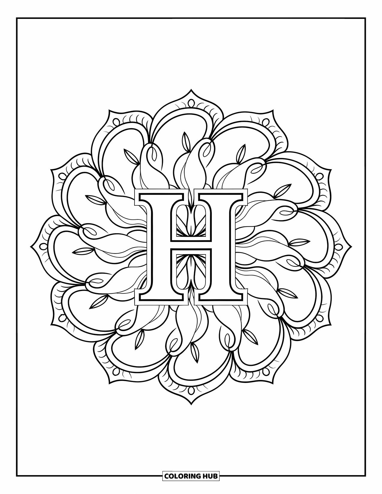 Letter H Coloring Page for Adults: Floral mandala surrounds an elegant H with detailed patterns and borders