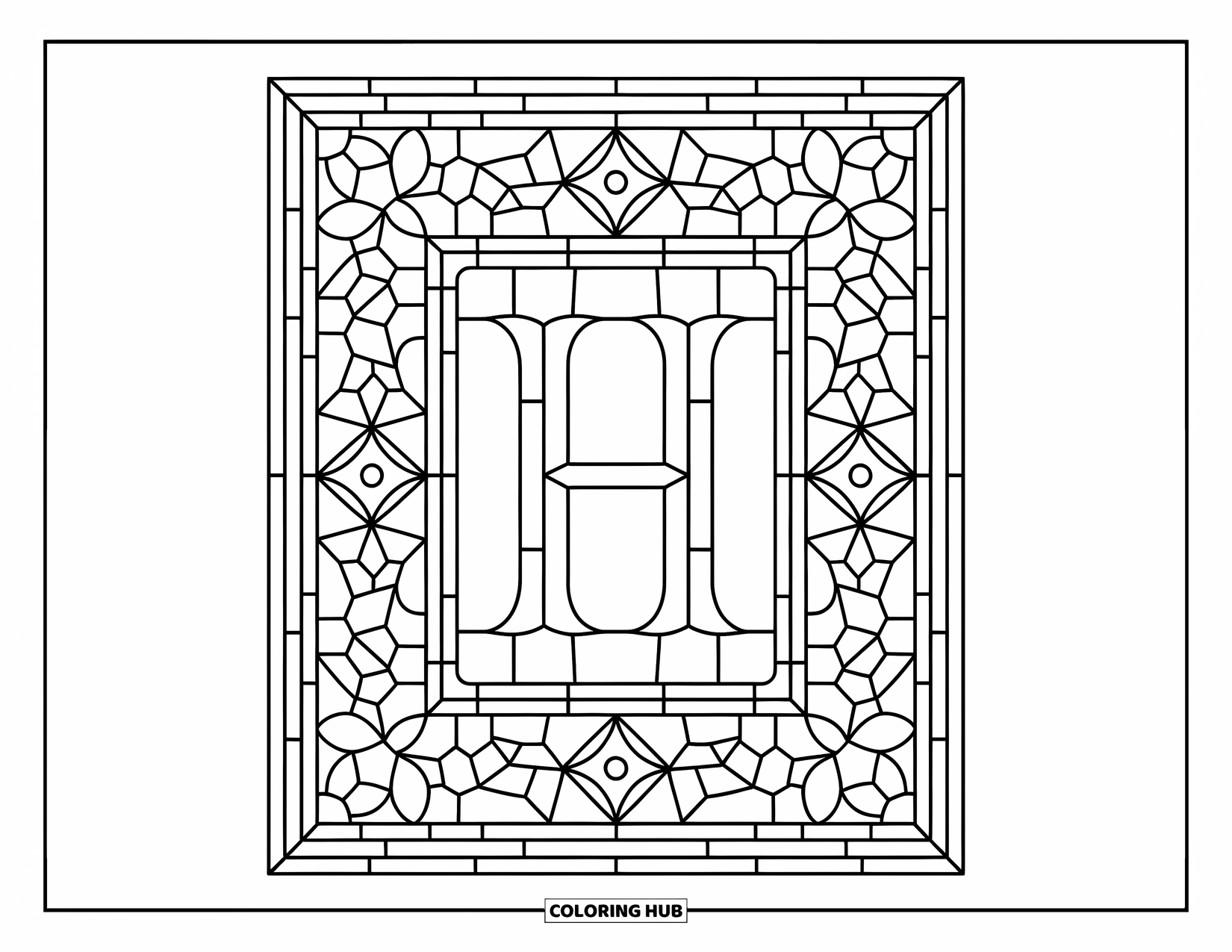 Letter H Coloring Page for Adults: Geometric and floral stained glass frame surrounds the letter H