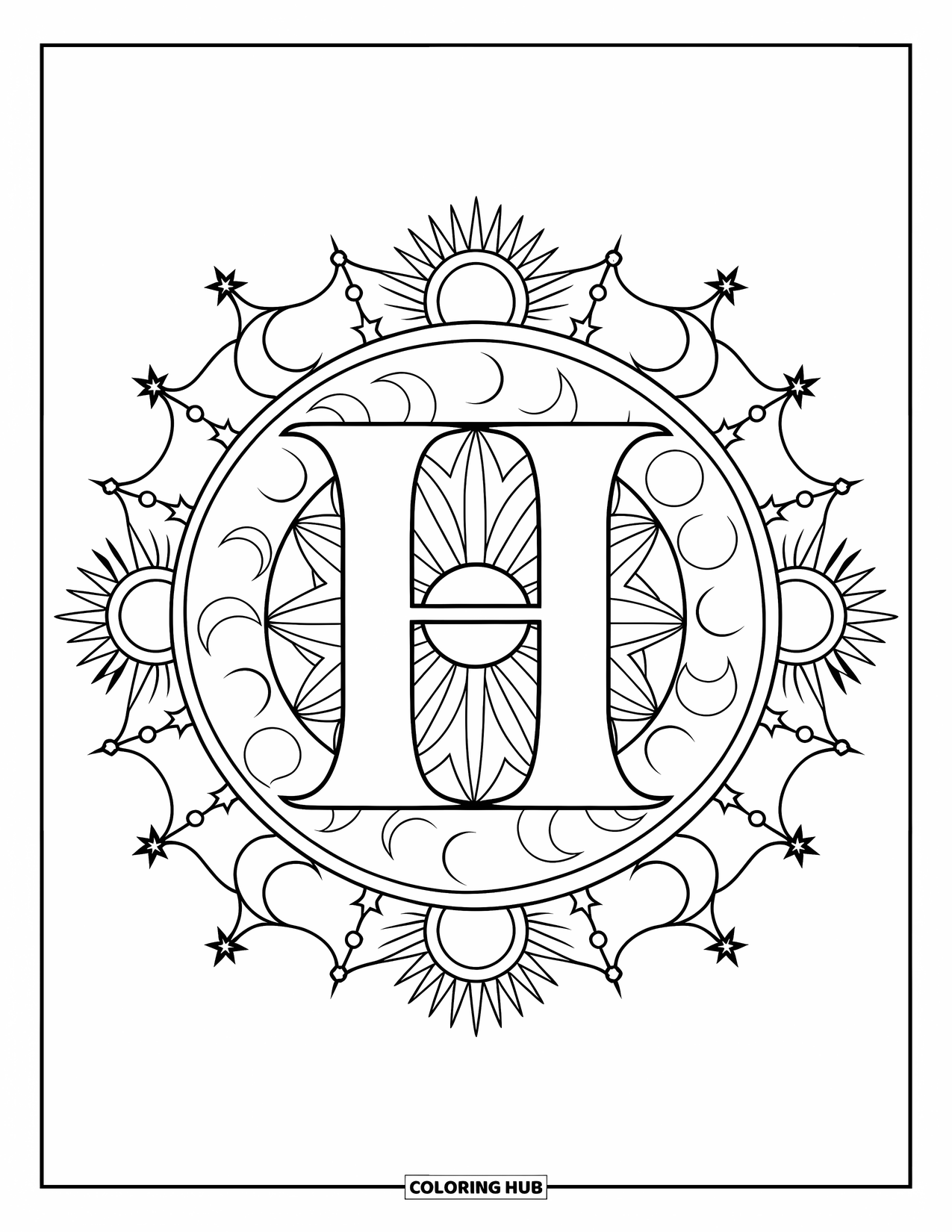 Letter H Coloring Page for Adults: H is centered in a mandala filled with stars, moons, and sunbursts