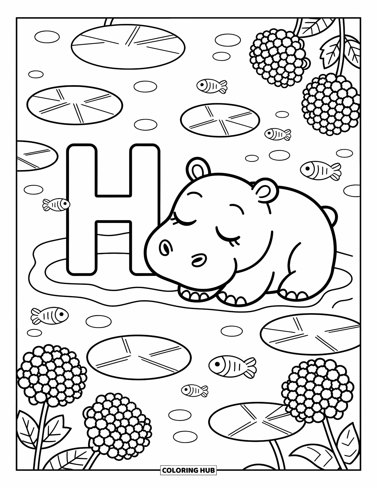 Letter H Coloring Page for Adults: H rests beside a sleepy hippo in a pond with lily pads, fish, and flowers