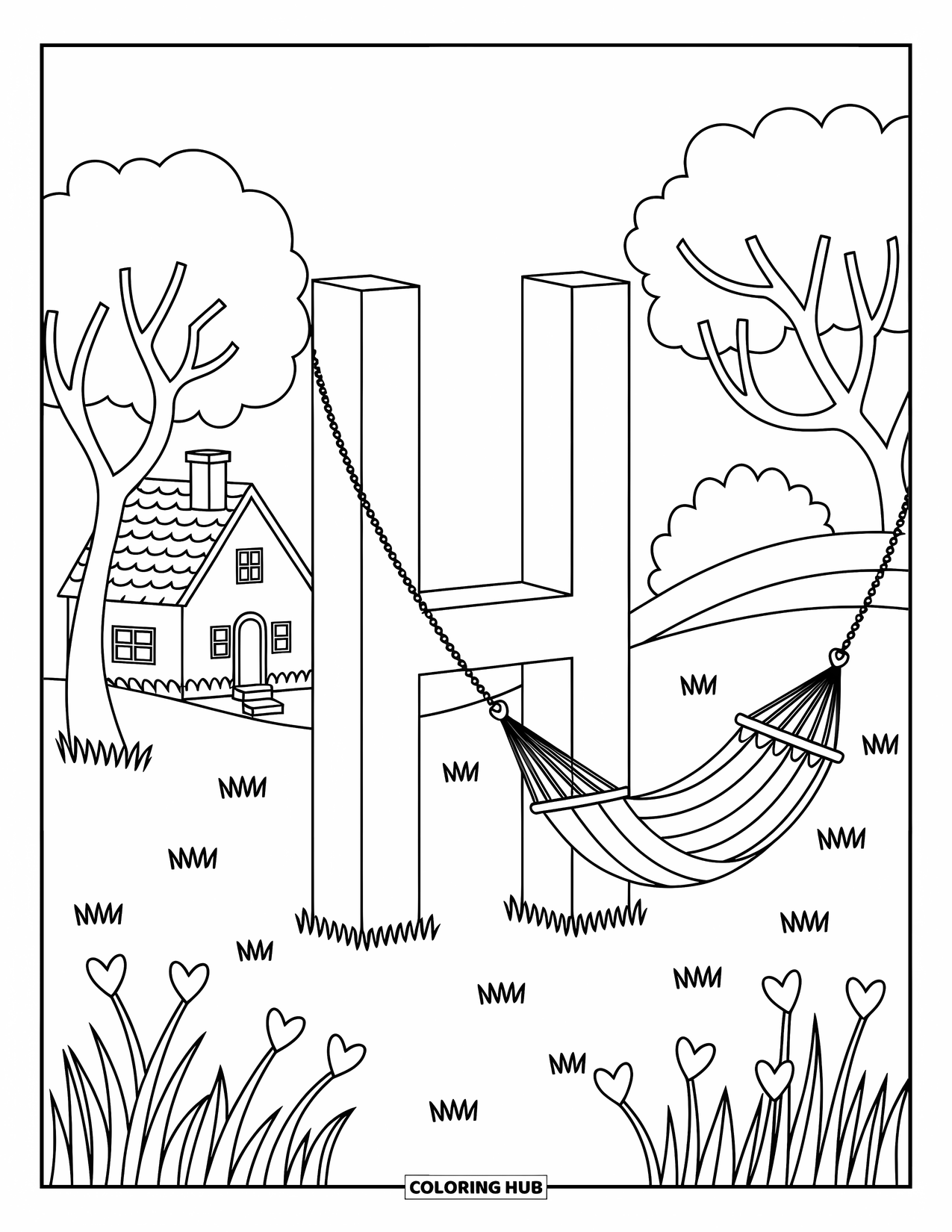 Letter H Coloring Page for Adults: H rises in a peaceful field with a hammock, heart flowers, and a cozy little house
