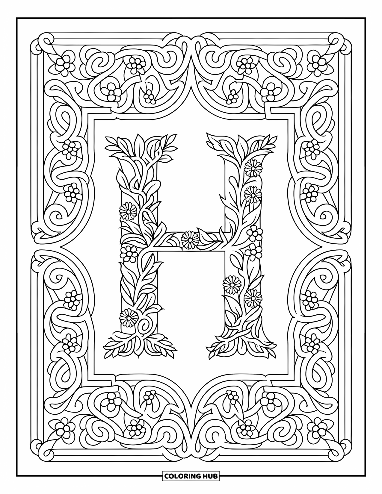 Letter H Coloring Page for Adults: H sits in a symmetrical floral frame with swirling stained glass details