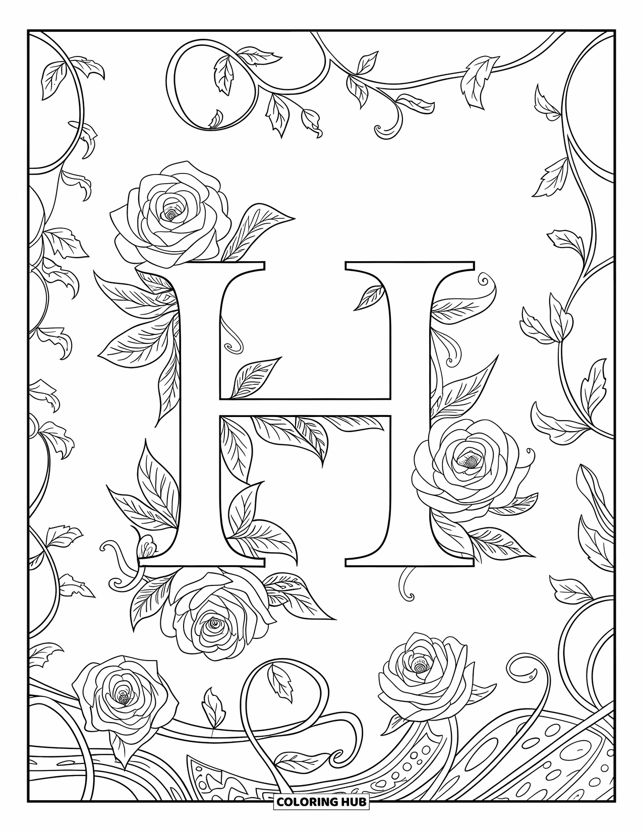 Letter H Coloring Page for Adults: H sits in the middle of swirling vines and lush rose patterns