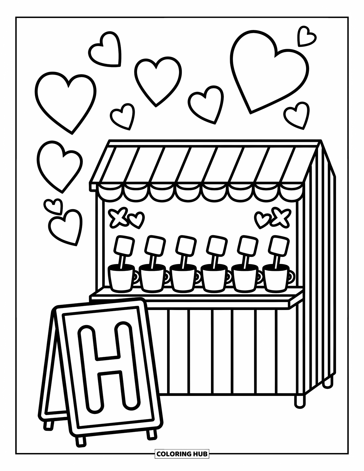 Letter H Coloring Page for Adults: H stands by a cozy cocoa stall filled with mugs, marshmallows, and heart-shaped steam