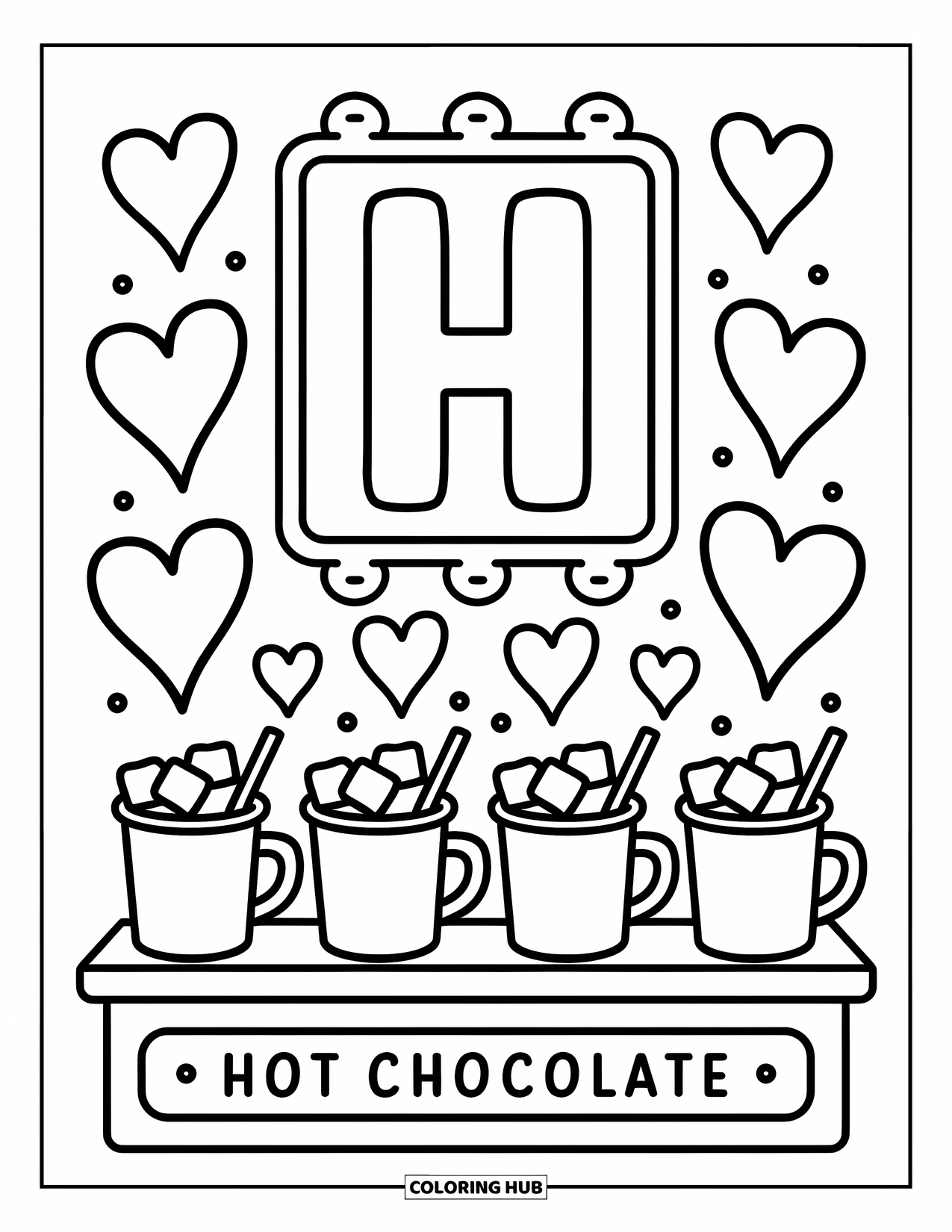 Letter H Coloring Page for Adults: Letter H becomes a cocoa signboard with marshmallow mugs and steamy heart clouds