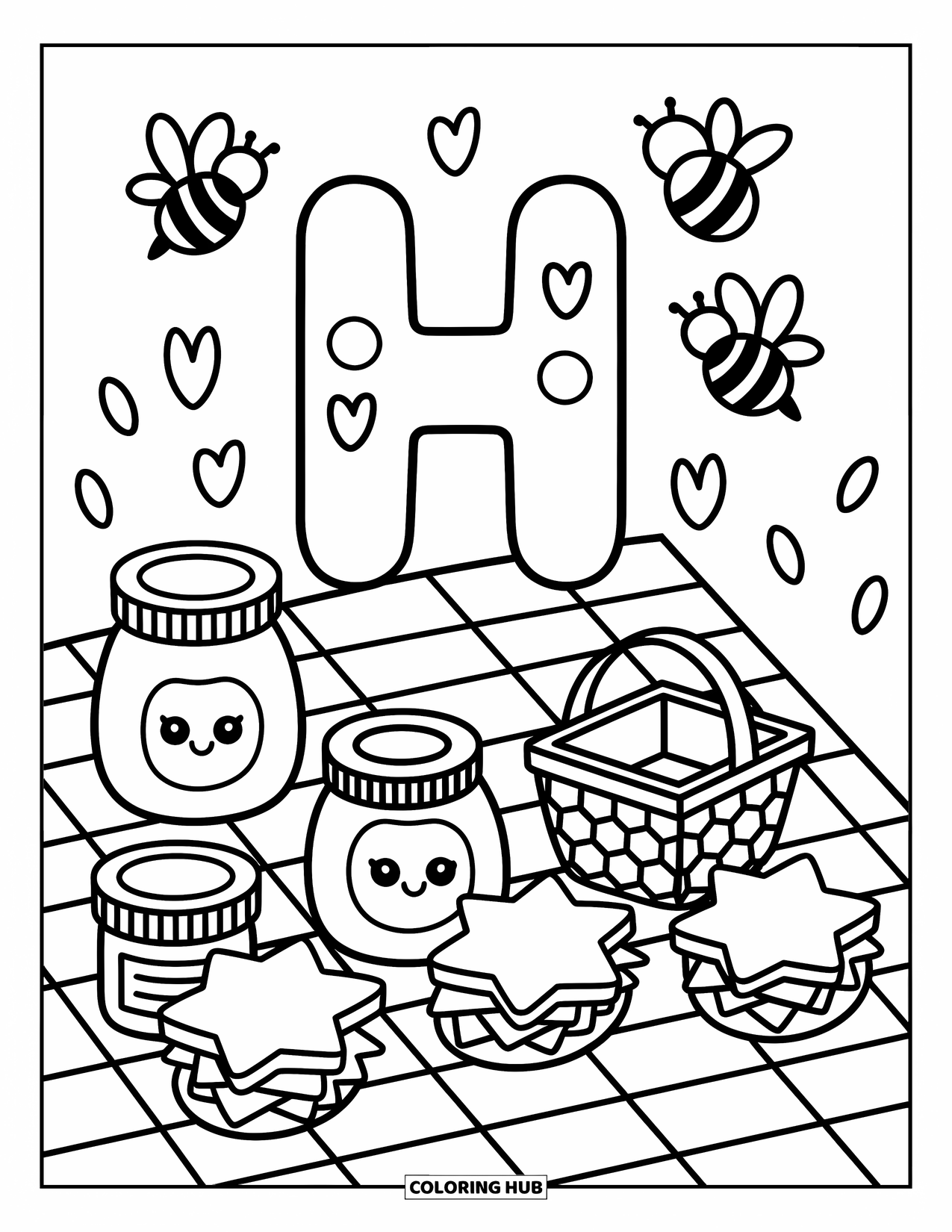 Letter H Coloring Page for Adults: Letter H enjoys a picnic with honey treats, a checkered blanket, and dancing bees