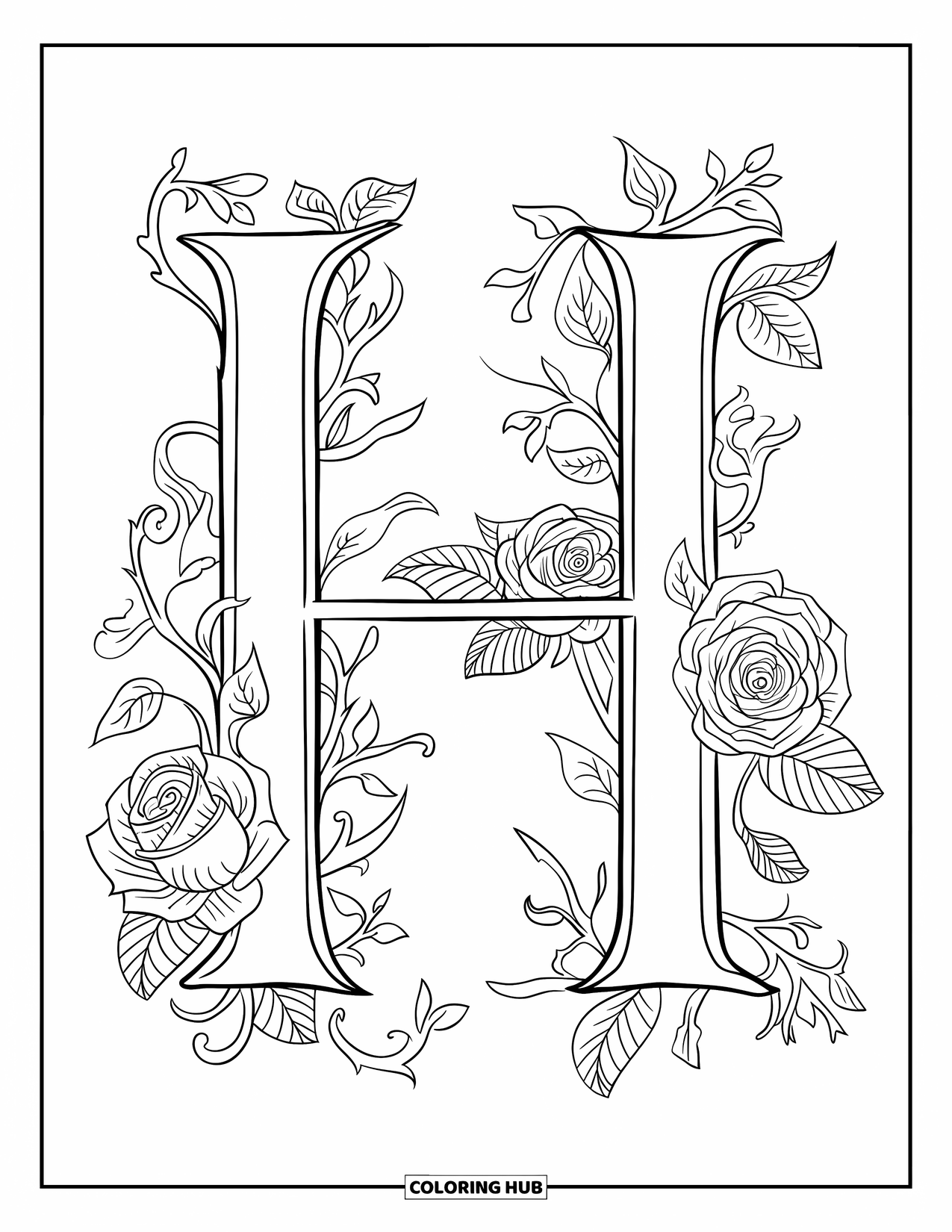 Letter H Coloring Page for Adults: Letter H is wrapped in delicate vines and blooming roses