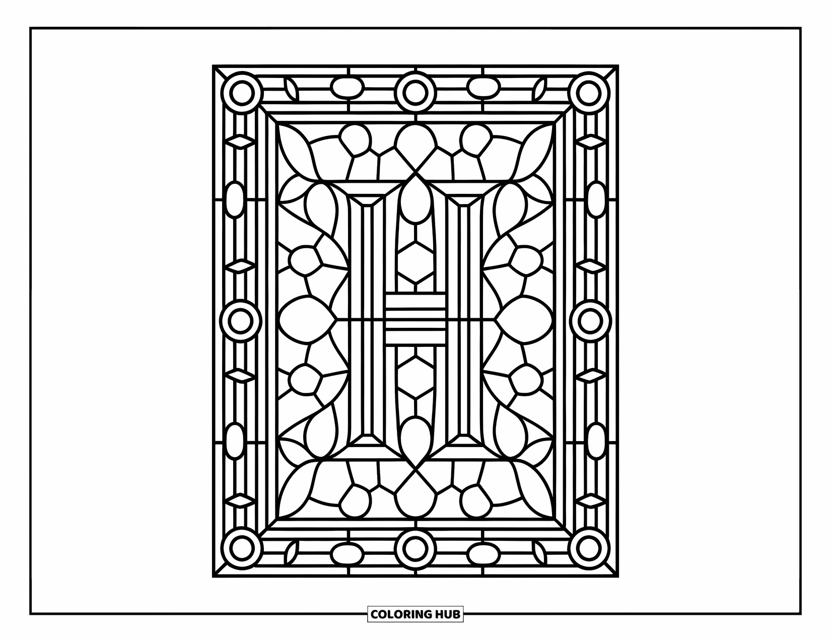 Letter H Coloring Page for Adults: Letter H sits at the center of a floral and geometric stained glass frame