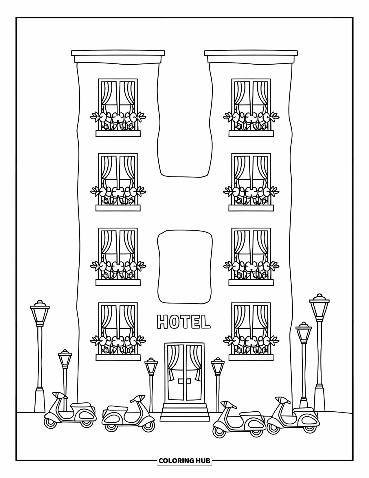 Letter H Coloring Page for Adults: Tall H hotel with cute balconies, tiny scooters, and cozy streetlamps all around