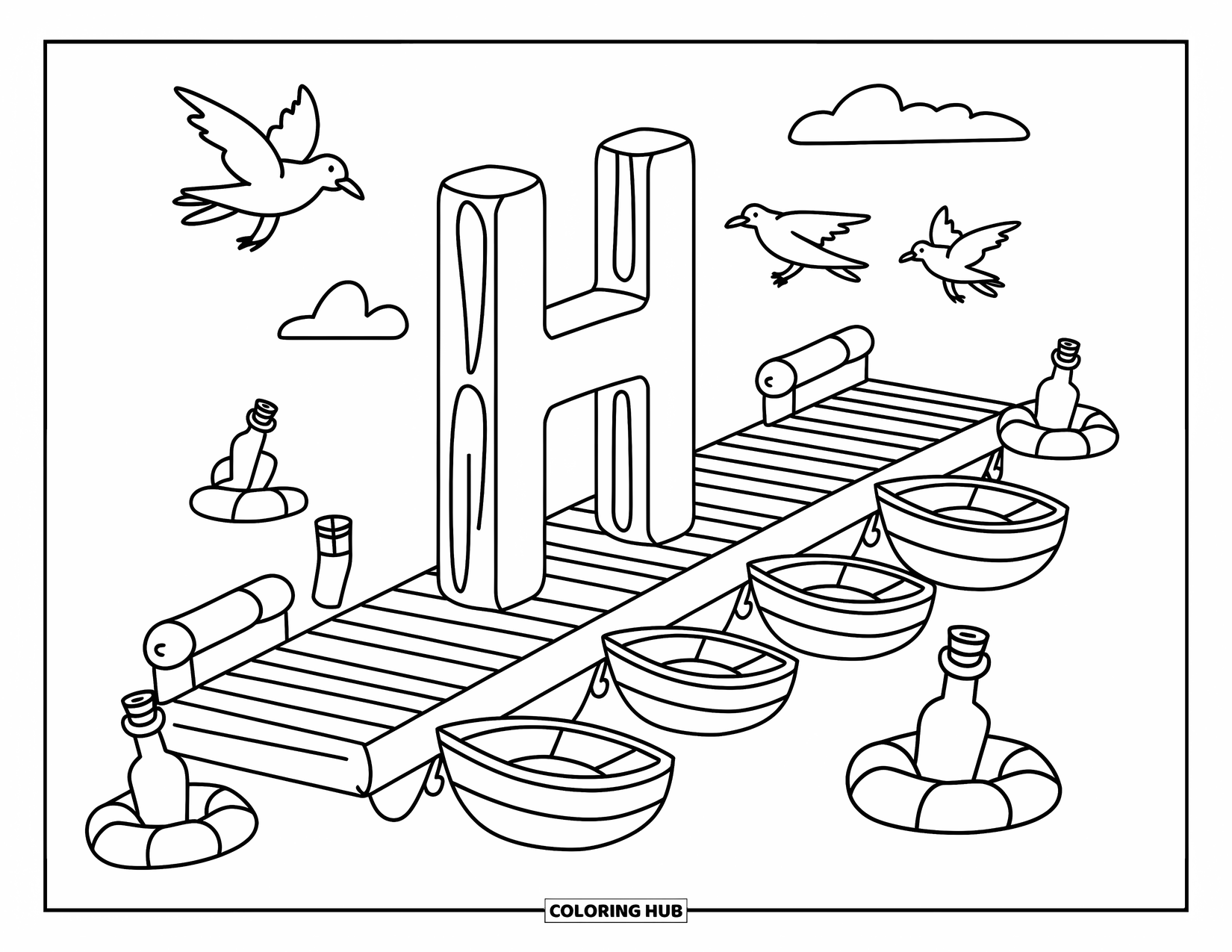 Letter H Coloring Page for Adults: The letter H becomes a dock post in a quiet harbor with birds and gentle boat vibes