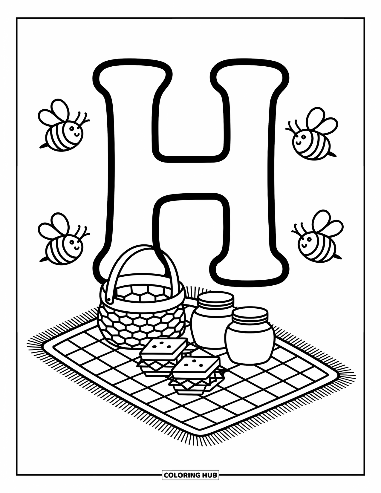 Letter H Coloring Page for Adults: The letter H joins a picnic with honey jars, bees, and a cute honeycomb basket