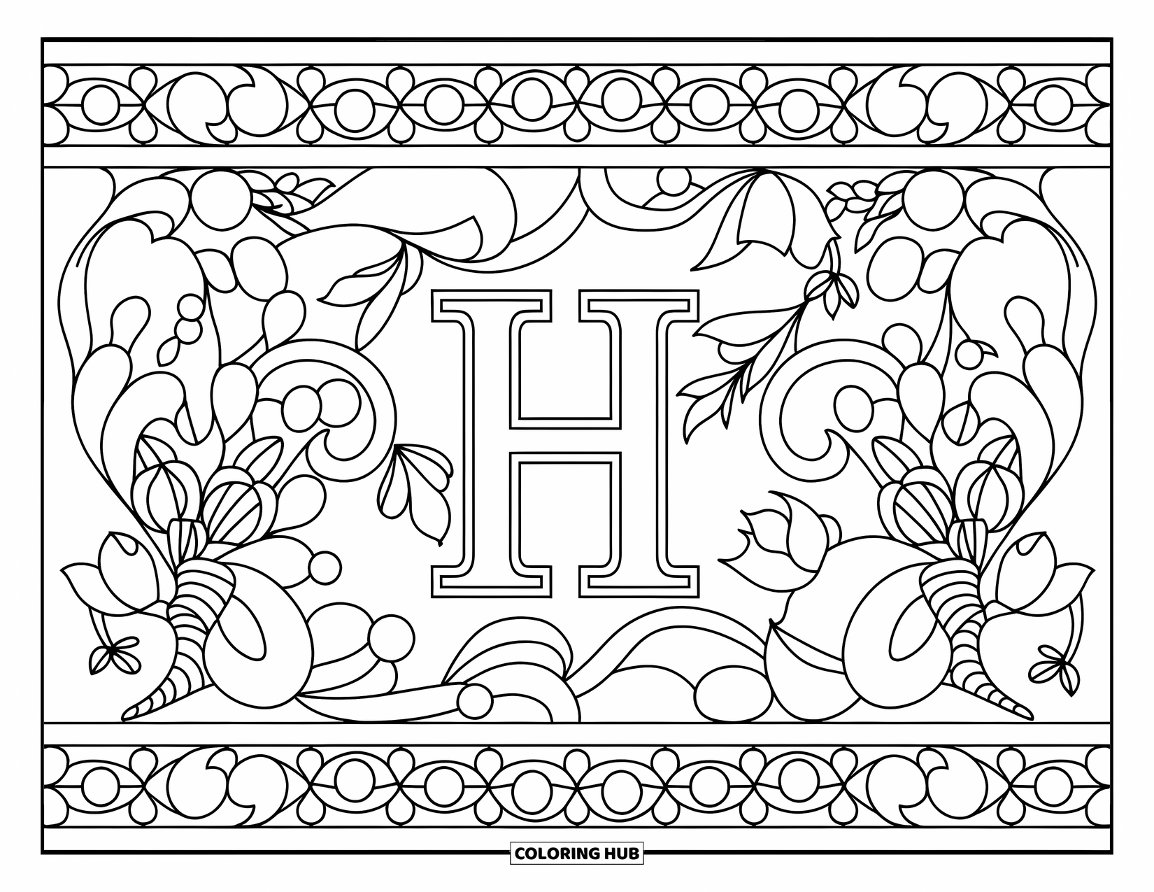 Letter H Coloring Page for Adults: The letter H sits inside an intricate lace border of flowers and vines