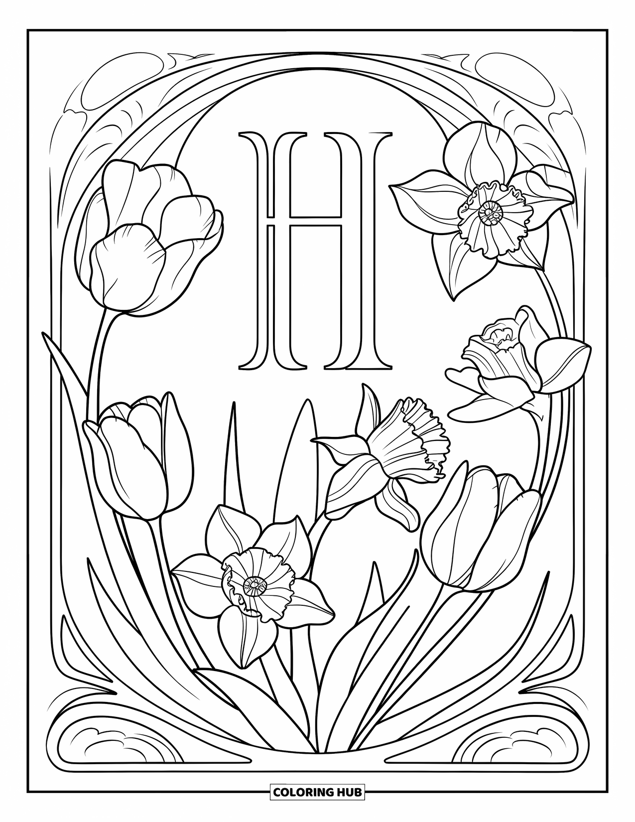 Letter H Coloring Page for Adults: Tulips and daffodils frame a beautiful H in an art nouveau style
