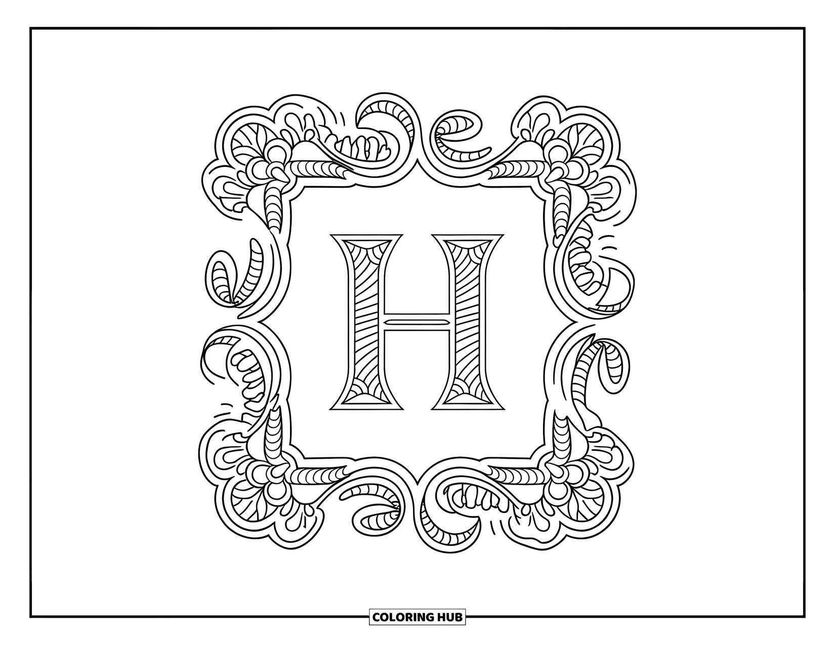 Letter H Coloring Page for Adults: Victorian-style frame wraps around the letter H with graceful floral curls