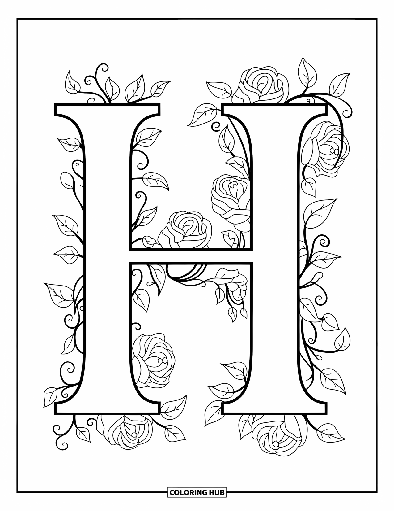 Letter H Coloring Page for Adults: Vines and roses frame a bold H in a flowing floral design