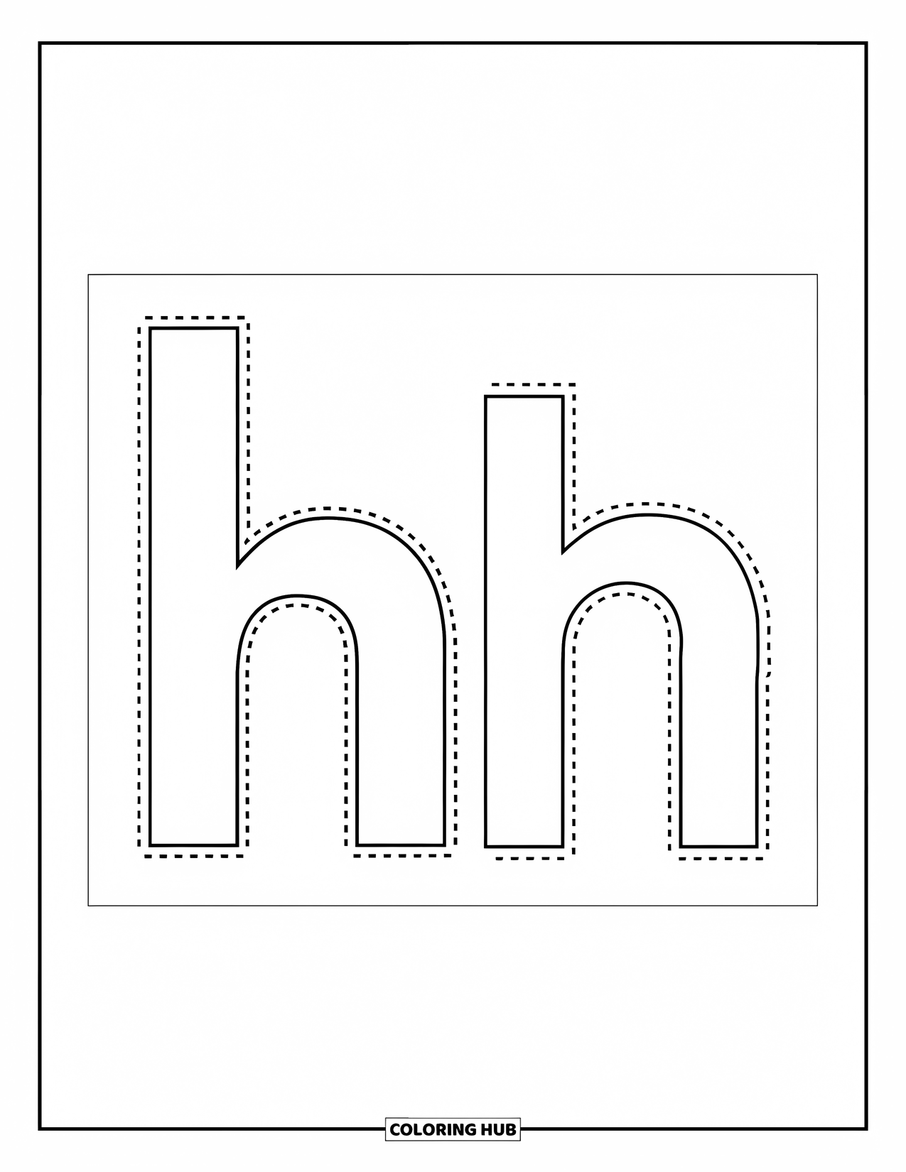 Letter H Coloring Page for Kids: A big H and little h are drawn in dotted lines for easy tracing