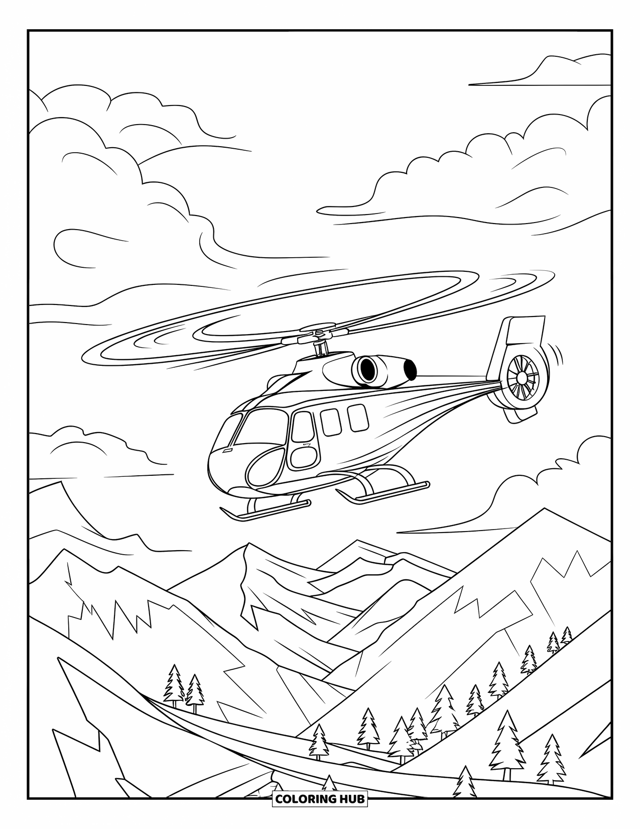 Letter H Coloring Page for Kids: A classic helicopter floats over scenic mountains and tree-covered slopes