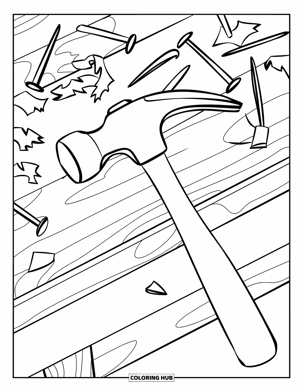 Letter H Coloring Page for Kids: A hammer lies on a busy workbench with nails and wood shavings
