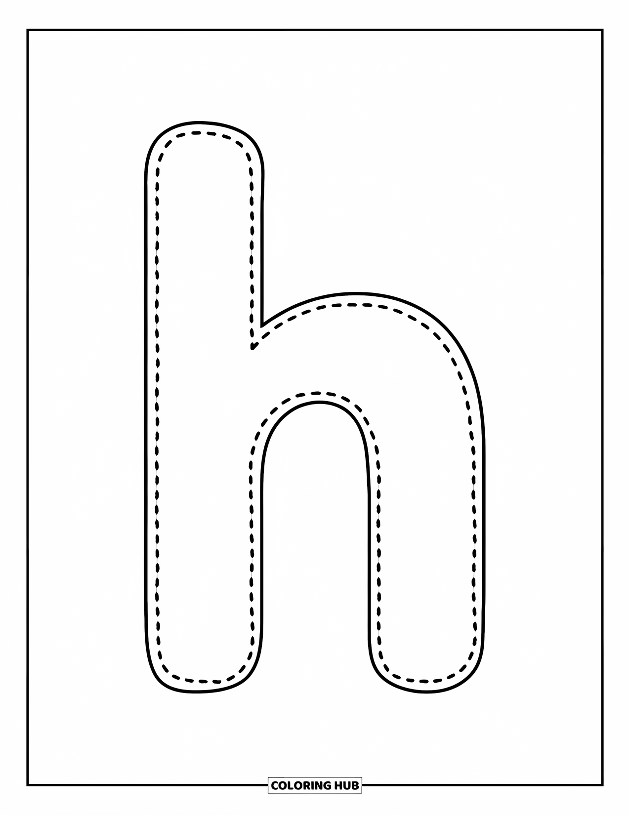 Letter H Coloring Page for Kids: A happy little h waits in dotted-outline style to help kids learn